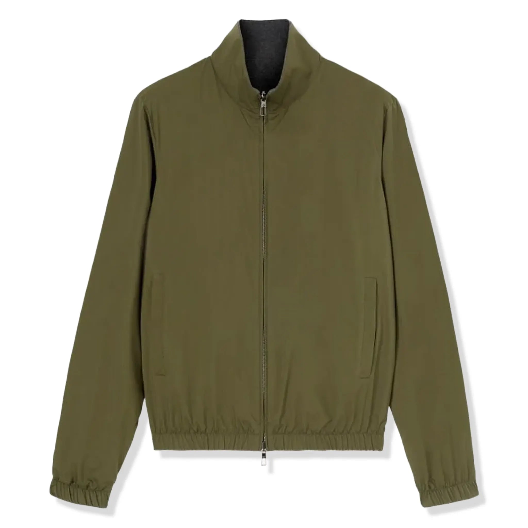 Front View of Loro Piana Windmate Storm System Dark Green Flannel Melange Bomber Jacket FAP9753_B5HA