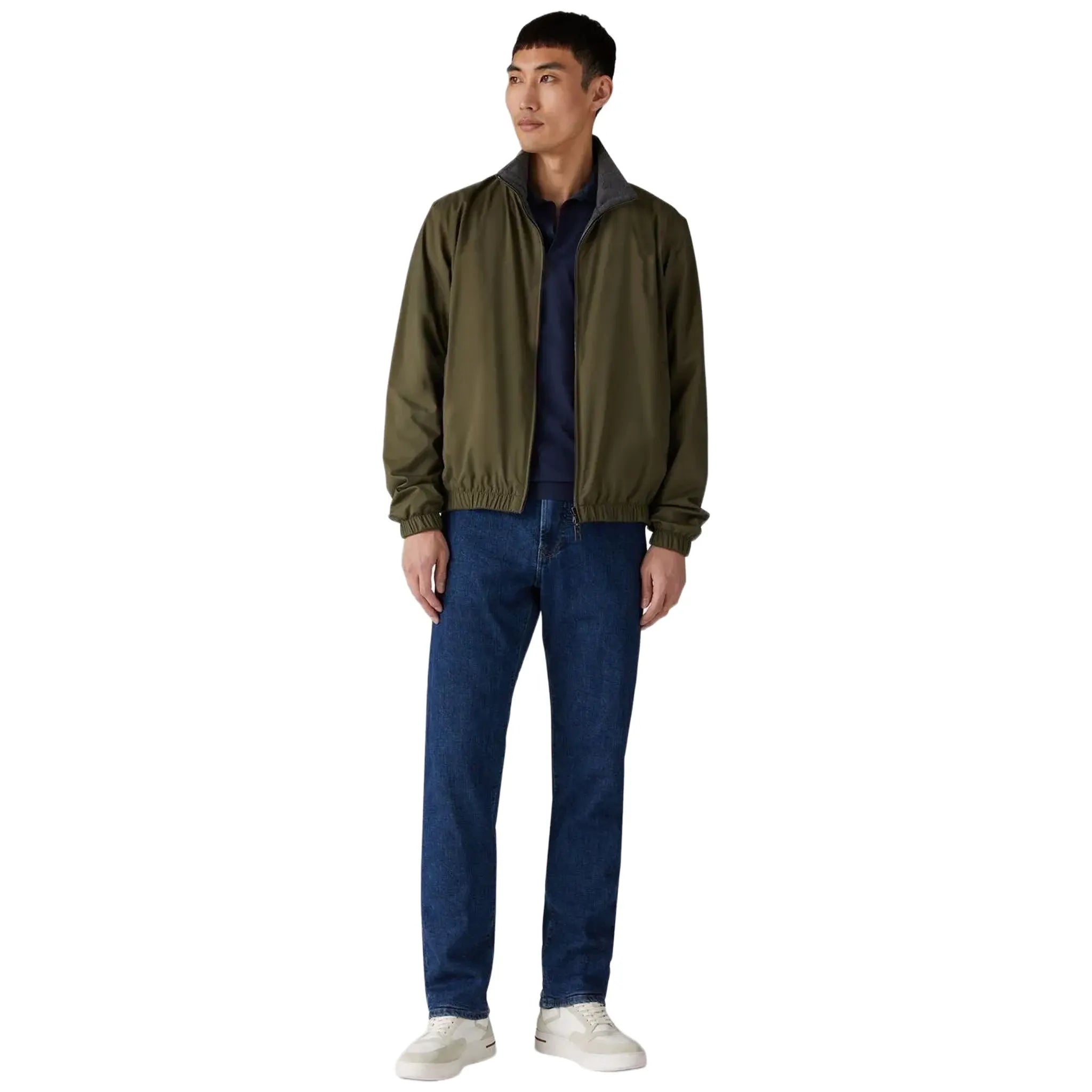 Front View of Loro Piana Windmate Storm System Dark Green Flannel Melange Bomber Jacket FAP9753_B5HA