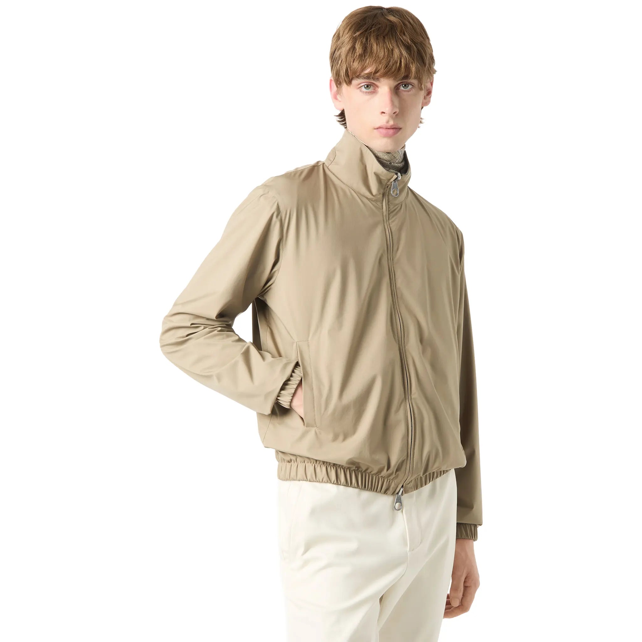 Front View of Loro Piana Windmate Storm System Tobacco Ermine Brown Bomber Jacket FAP9753_B39K