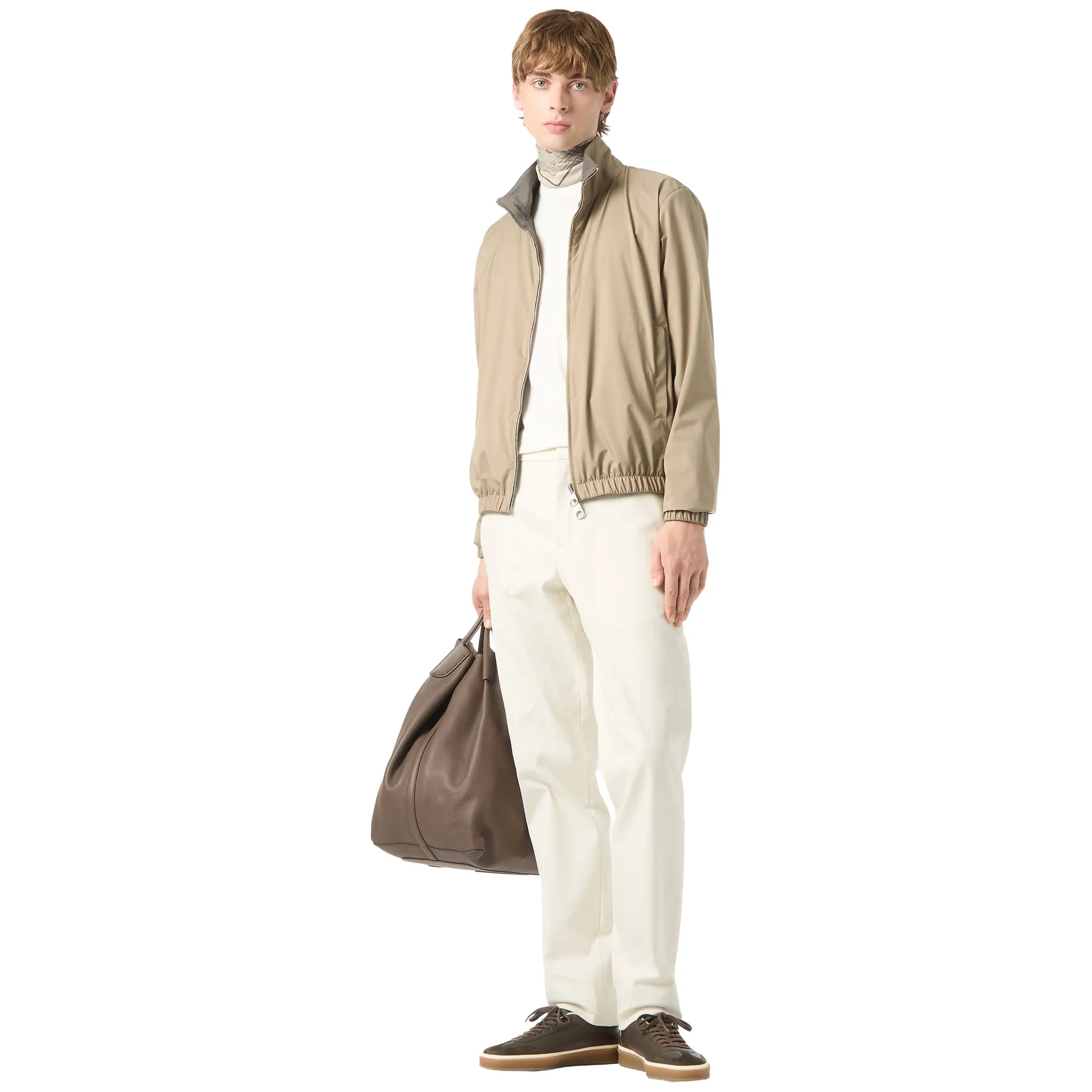 Front View of Loro Piana Windmate Storm System Tobacco Ermine Brown Bomber Jacket FAP9753_B39K