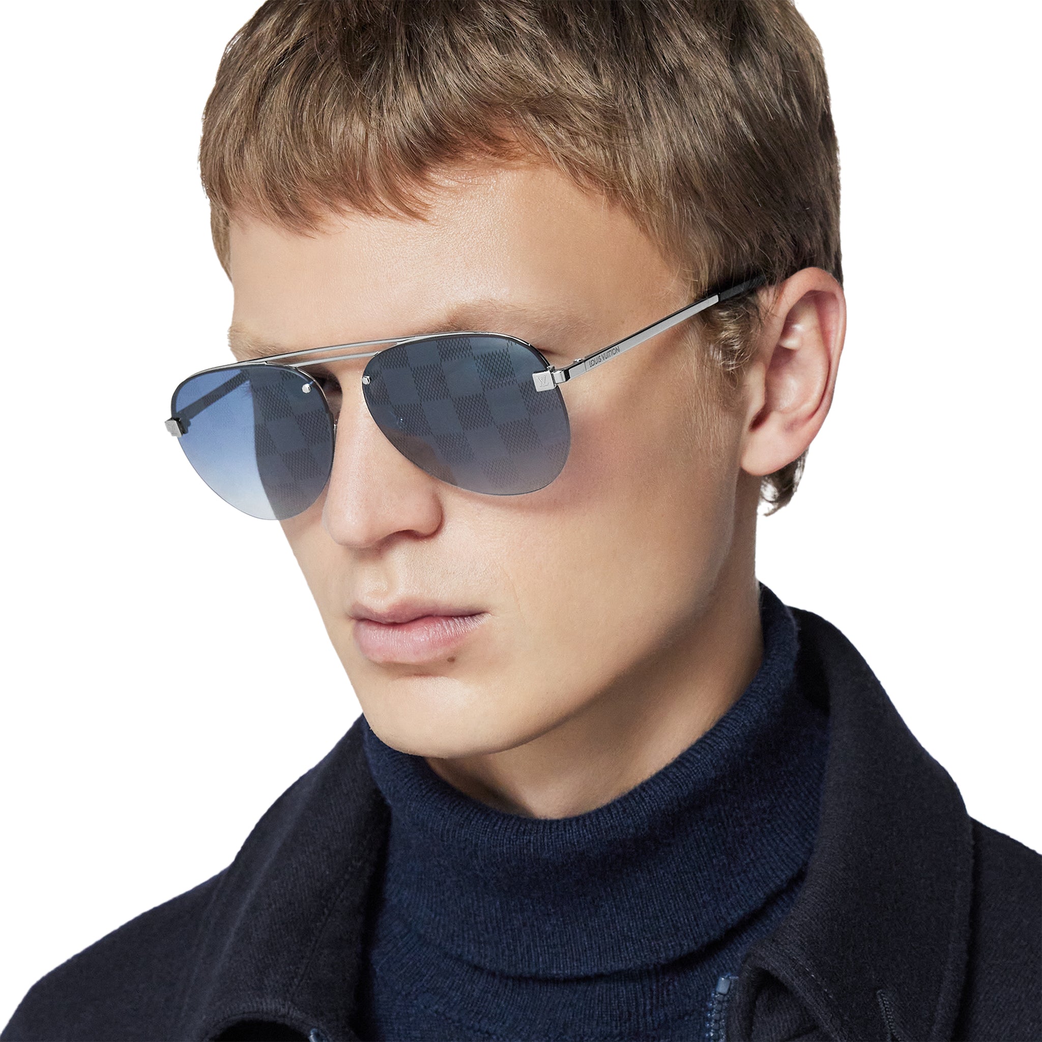 Model side view of Louis Vuitton Clockwise Damier Black Sunglasses NVPROD1180108V\