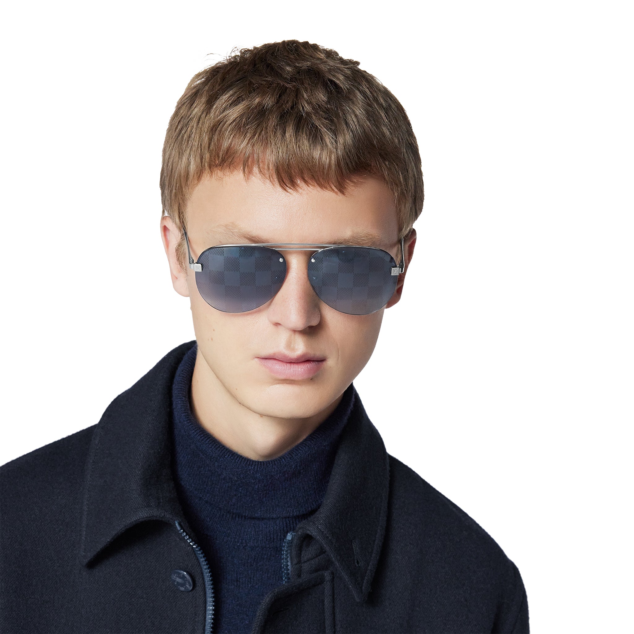 Model front view of Louis Vuitton Clockwise Damier Black Sunglasses NVPROD1180108V\