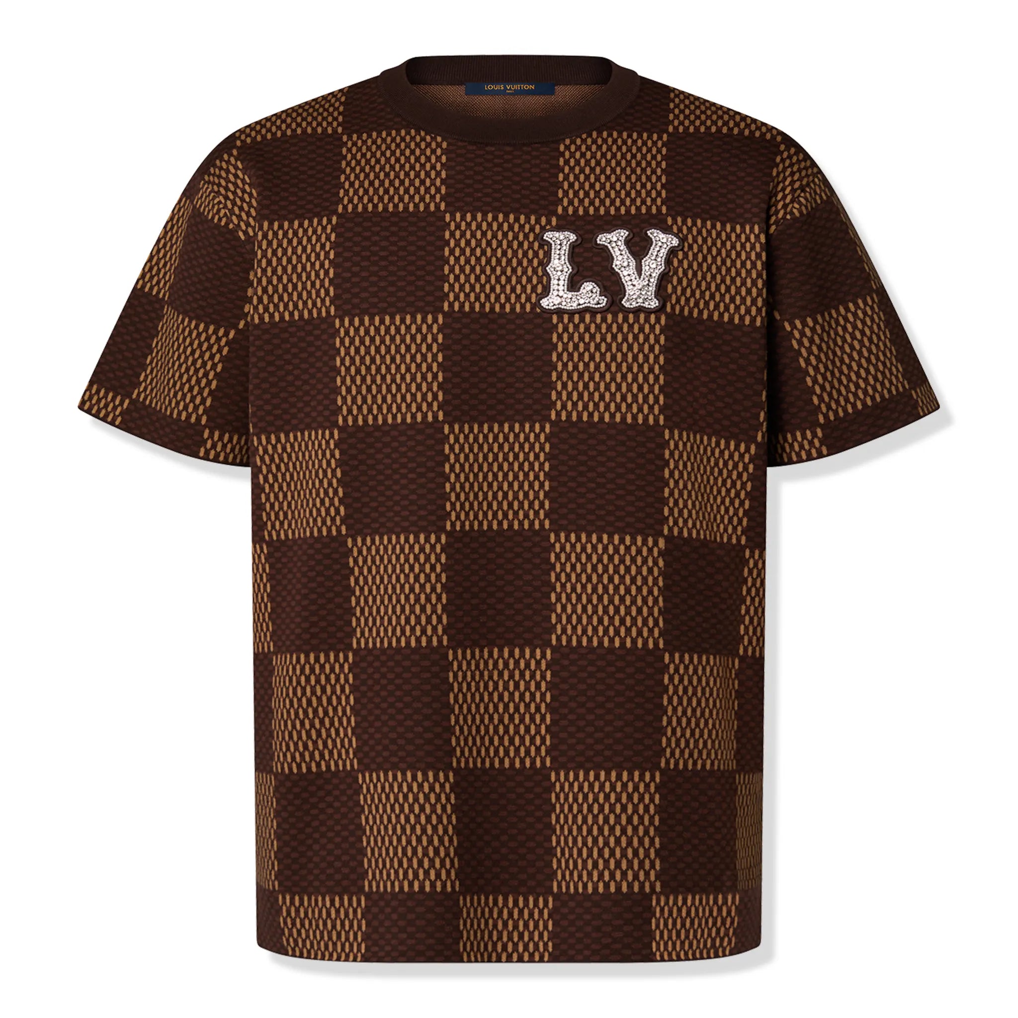 Front view of Louis Vuitton Damier LV Crystal Patch Brown T Shirt NVPROD4940223V