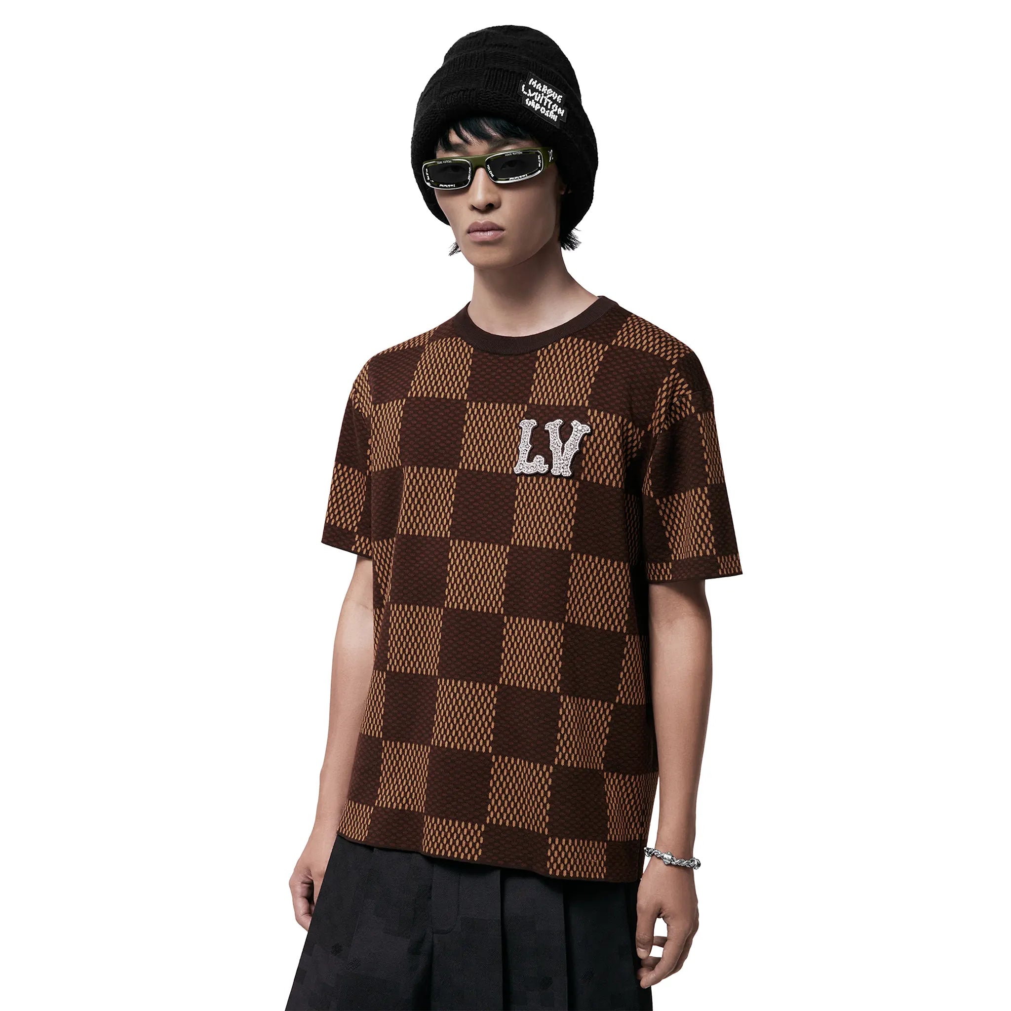 Model front view of Louis Vuitton Damier LV Crystal Patch Brown T Shirt NVPROD4940223V