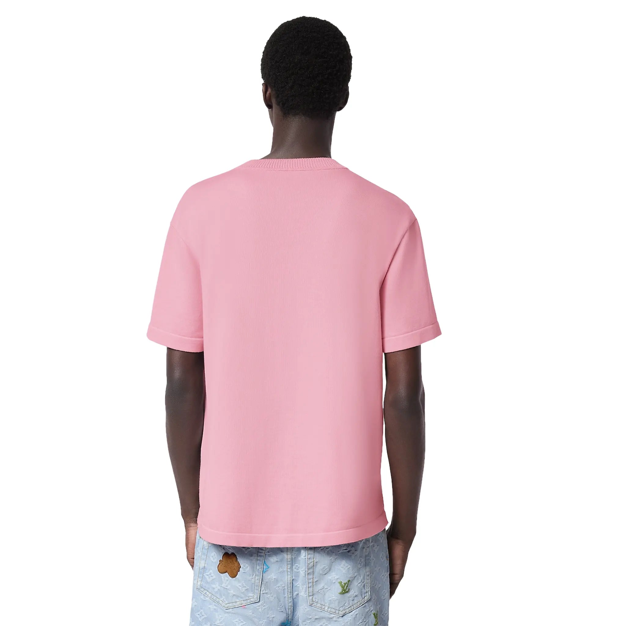 model back view of Louis Vuitton Embroidered Signature Crewneck Coral Blush Pink T Shirt