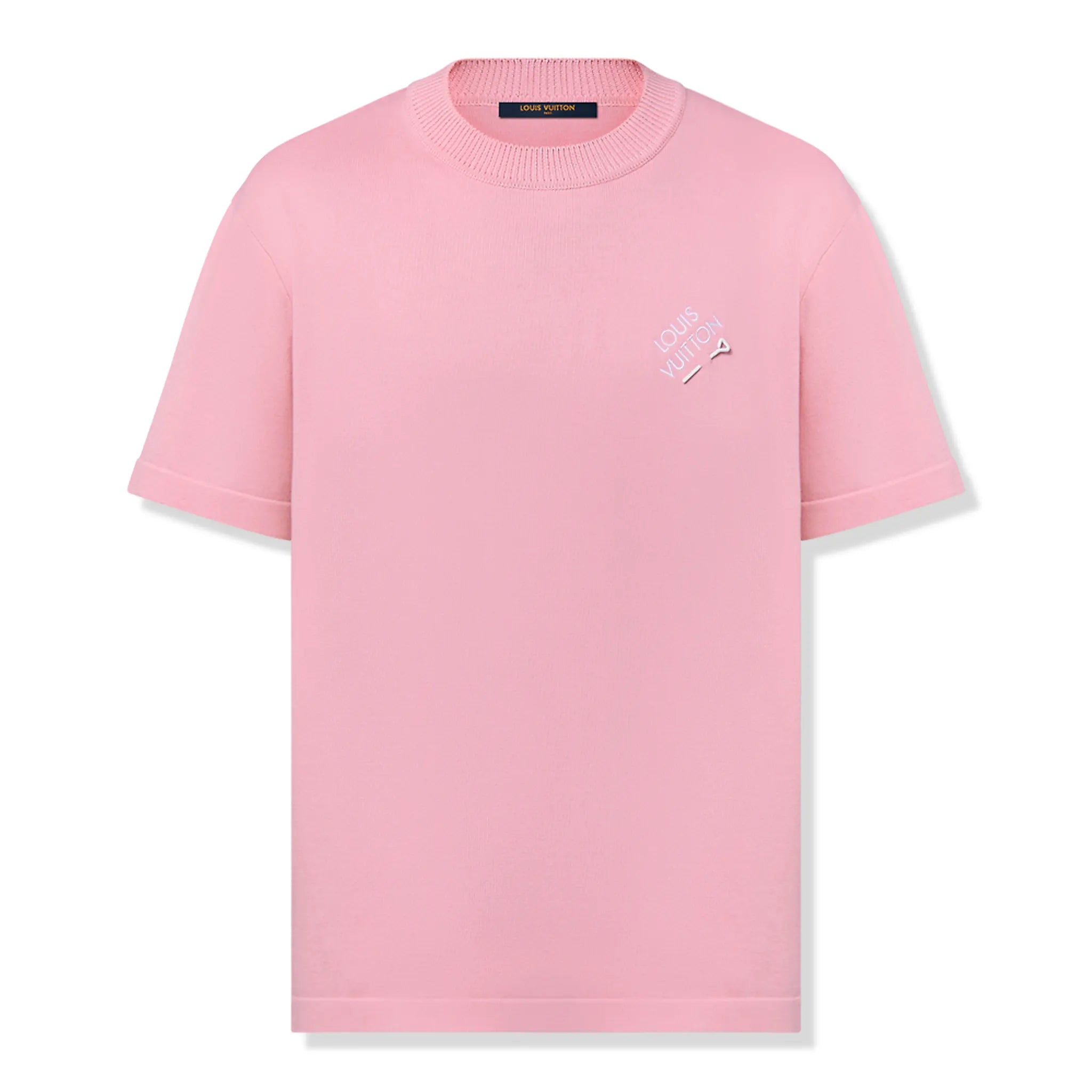 Front view of Louis Vuitton Embroidered Signature Crewneck Coral Blush Pink T Shirt