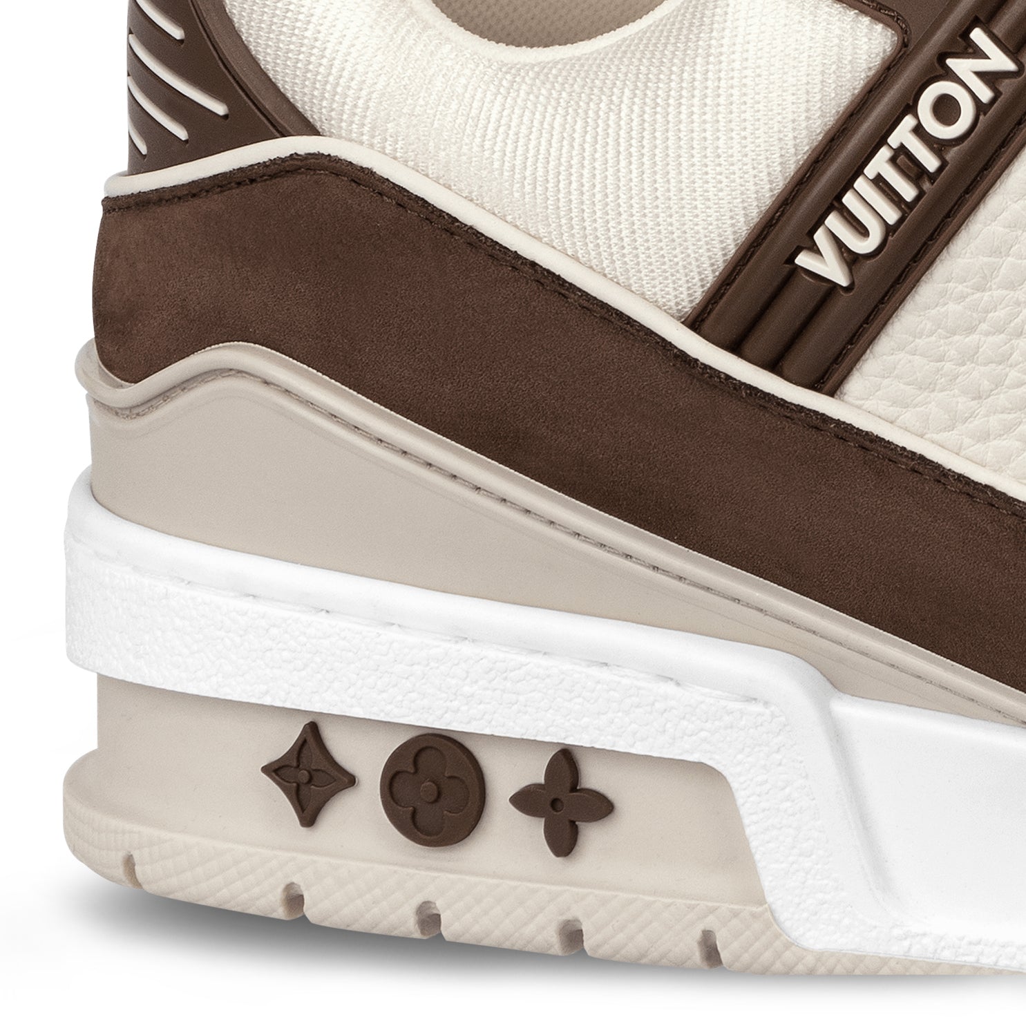 Heel view of Louis Vuitton LV Trainer Calf Leather Moka Sneaker NVPROD4280067V