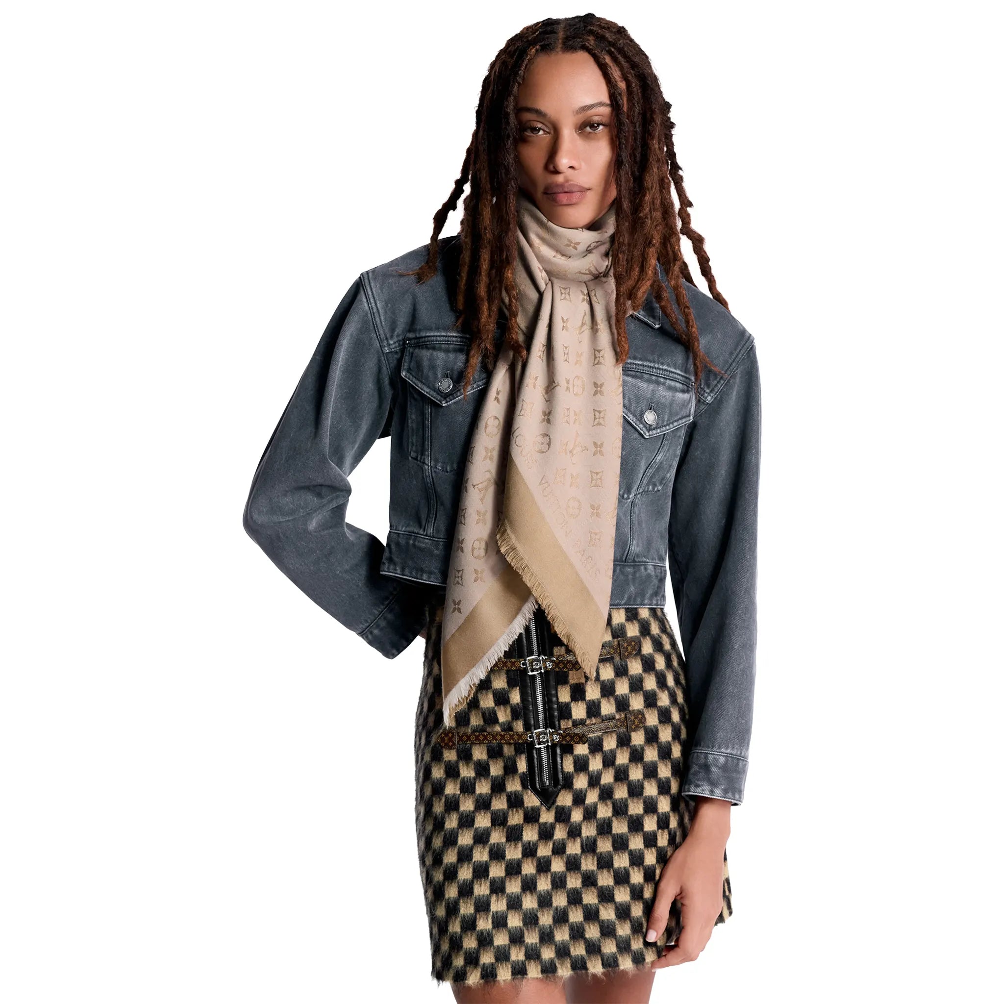 Front View of Louis Vuitton Monogram Denim Beige Rose Shawl