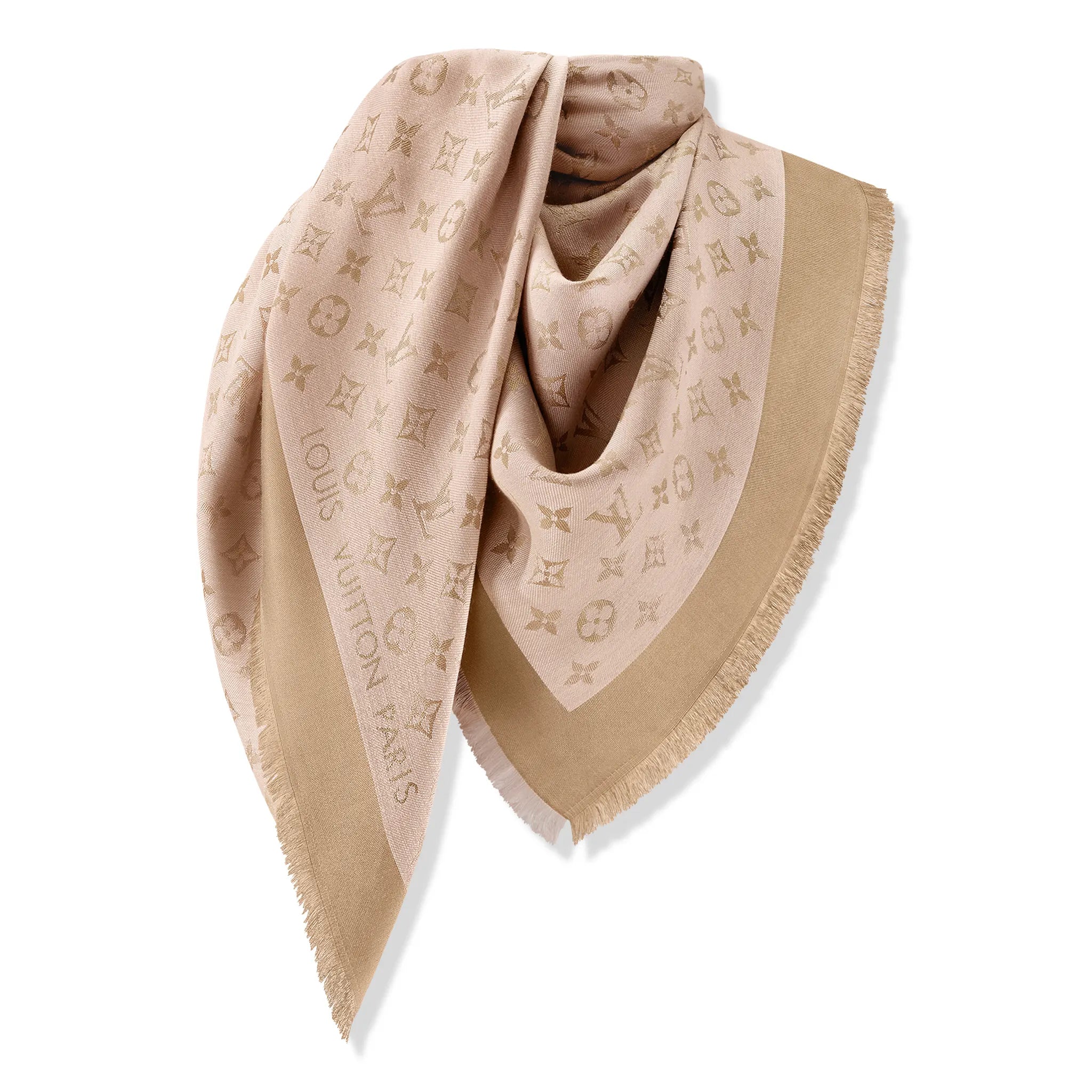 Front View of Louis Vuitton Monogram Denim Beige Rose Shawl