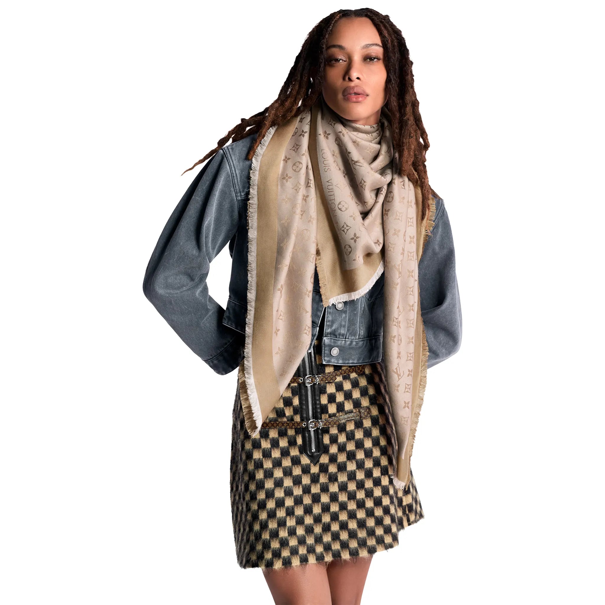 Front View of Louis Vuitton Monogram Denim Beige Rose Shawl