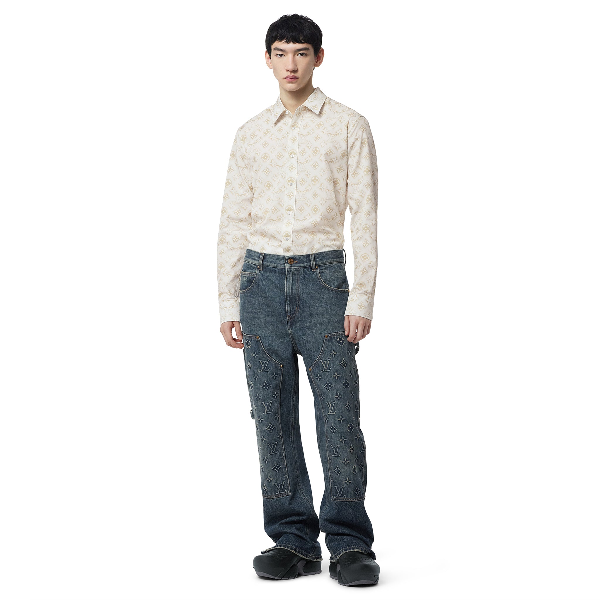 Front model view of Louis Vuitton Monogram Long-Sleeved Cotton Shirt White NVPROD4330266V