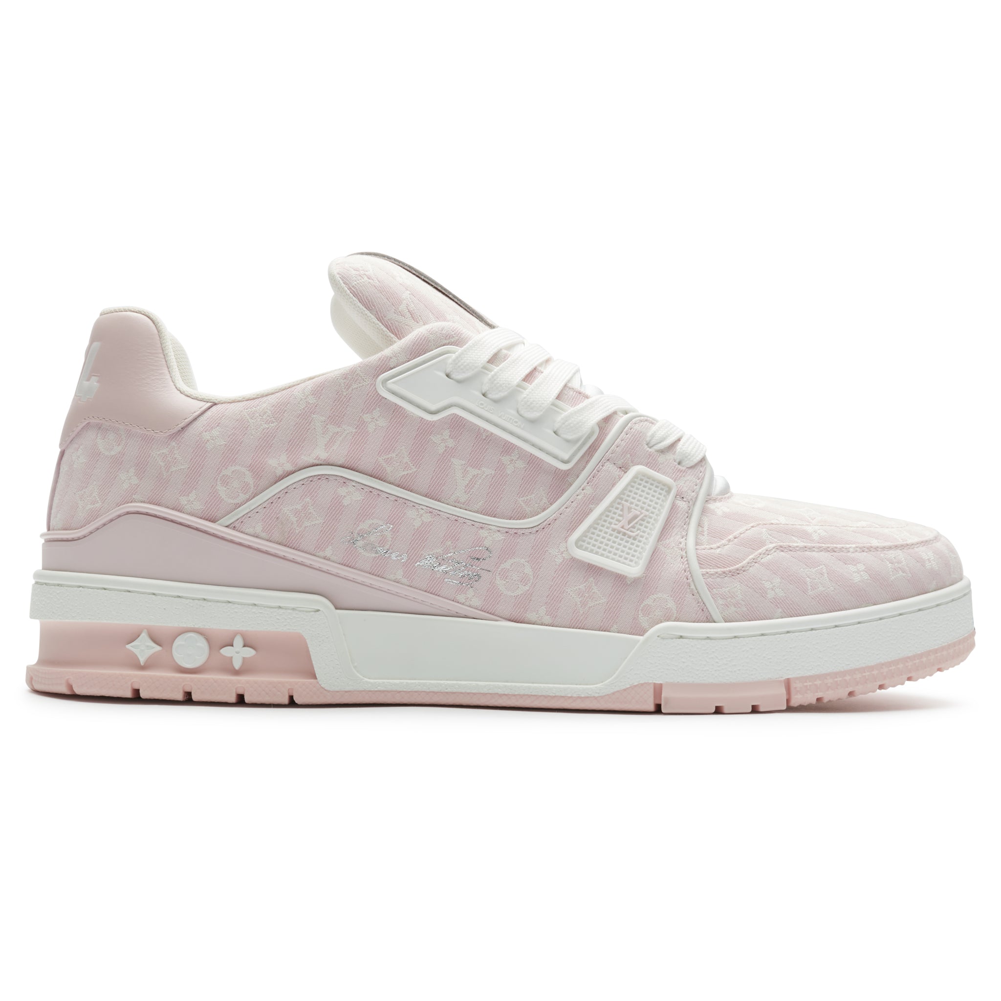 Side view of Louis Vuitton Monogram LV Trainer '54' Pink Sneaker 