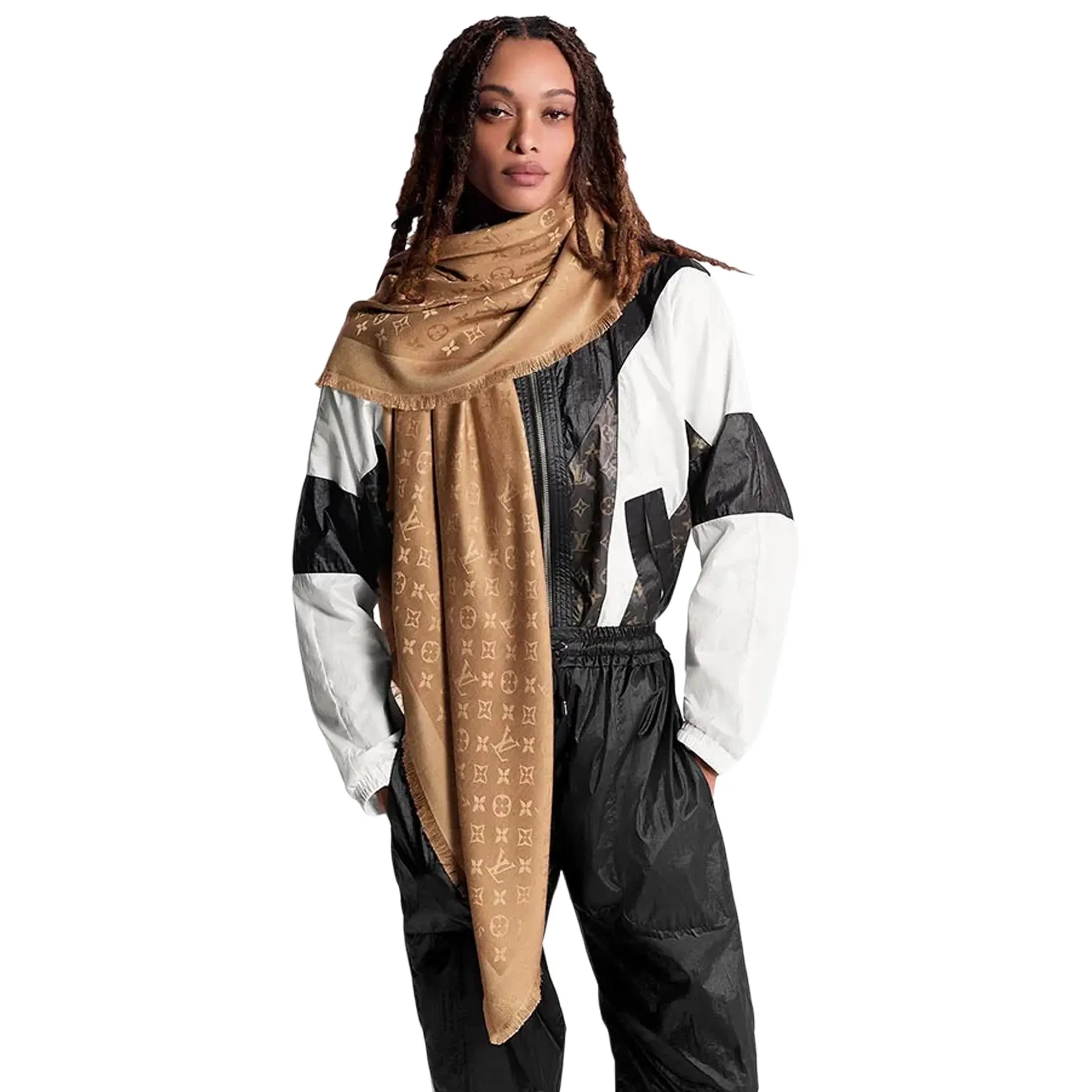 Front View of Louis Vuitton Monogram Shine Caramel Brown Shawl M77630