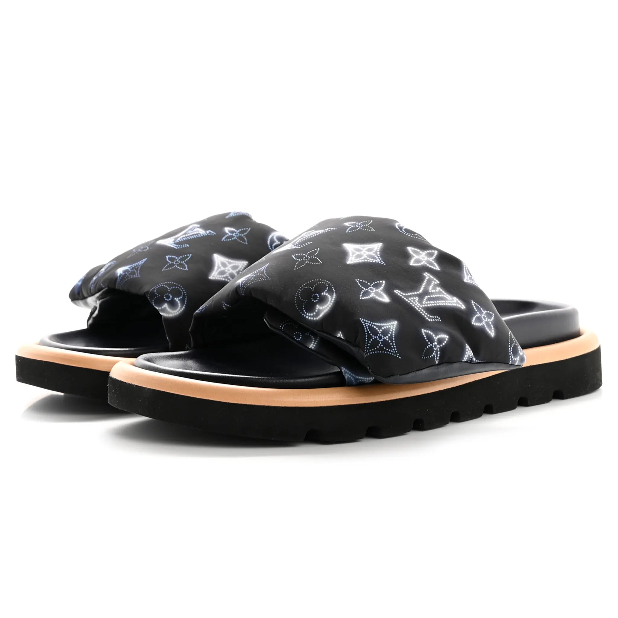 Front Side View of Louis Vuitton Pool Pillow Monogram Navy Slides