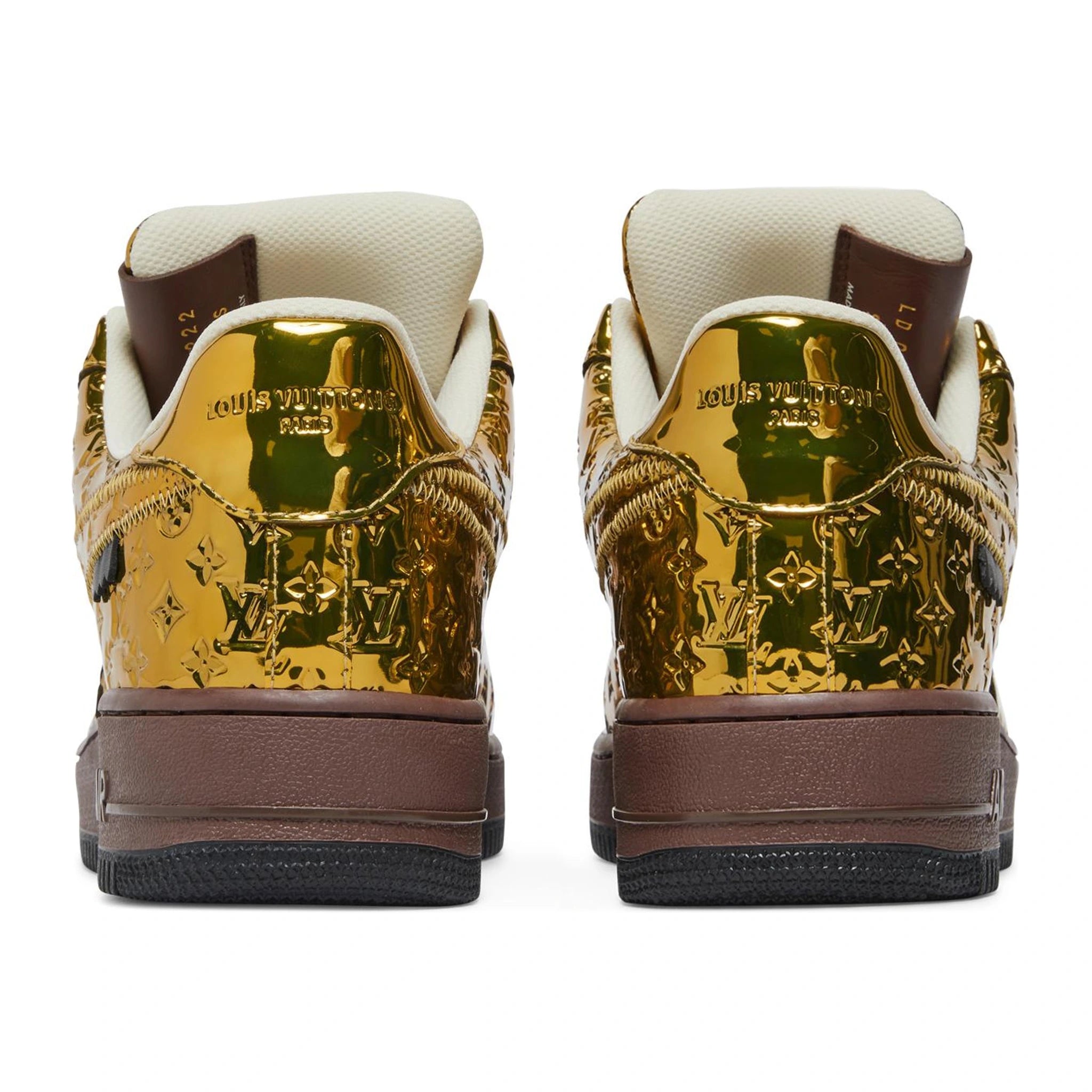 Back view of Louis Vuitton x Nike Air Force 1 Low Metallic Gold 1A9VG1