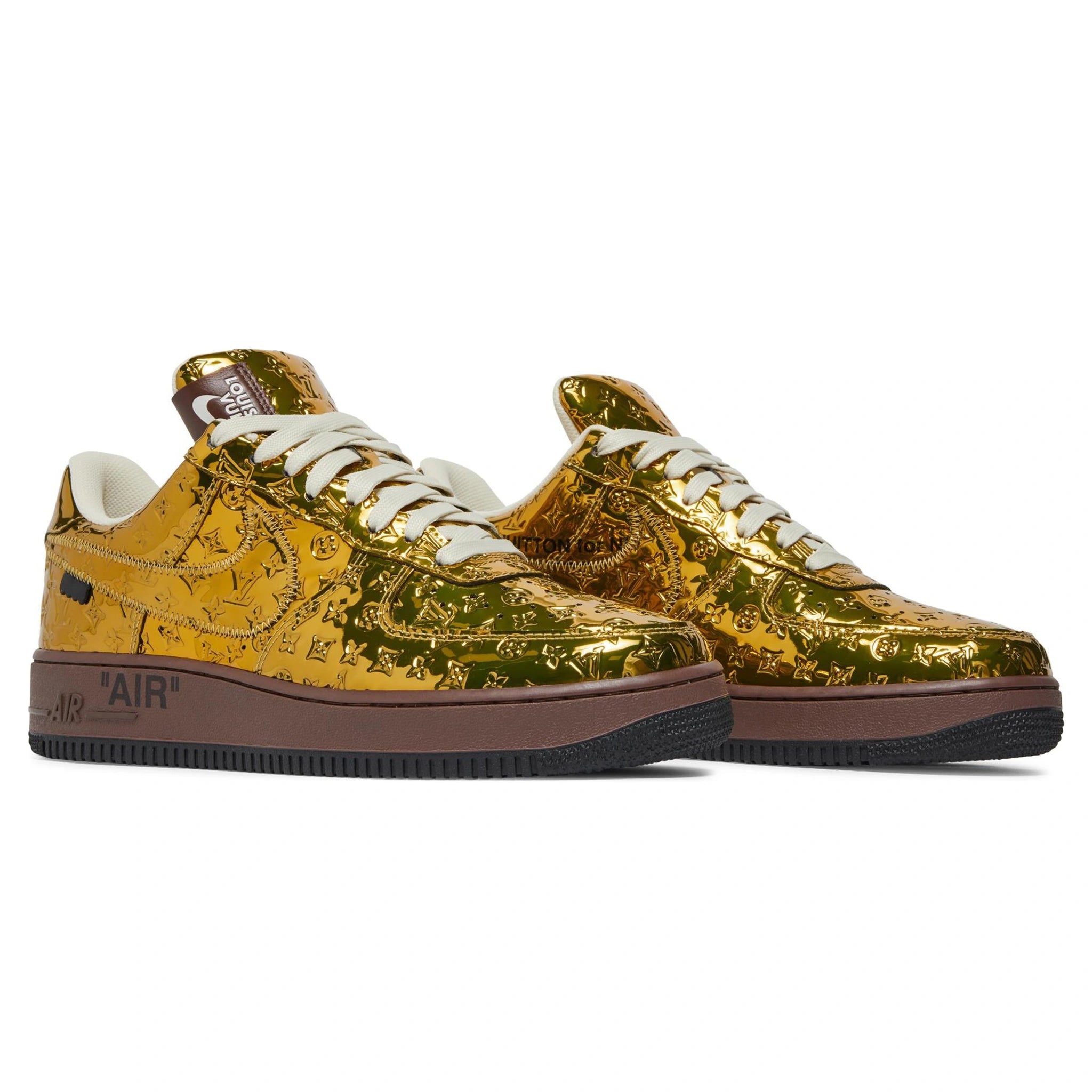 Front side view of Louis Vuitton x Nike Air Force 1 Low Metallic Gold 1A9VG1