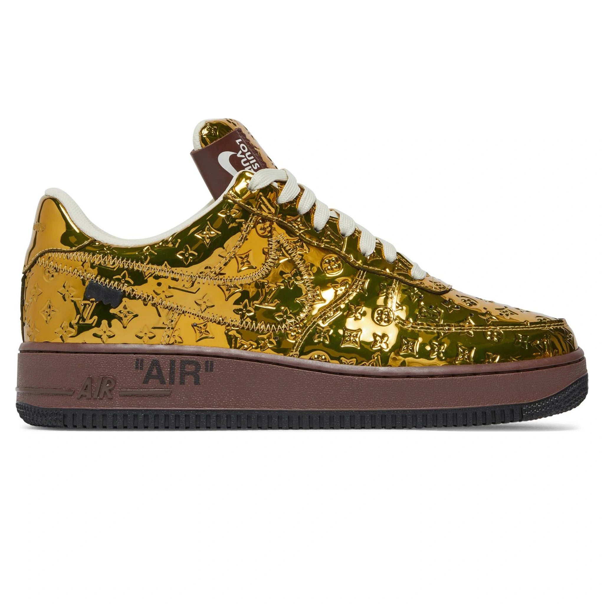 Side view of Louis Vuitton x Nike Air Force 1 Low Metallic Gold 1A9VG1