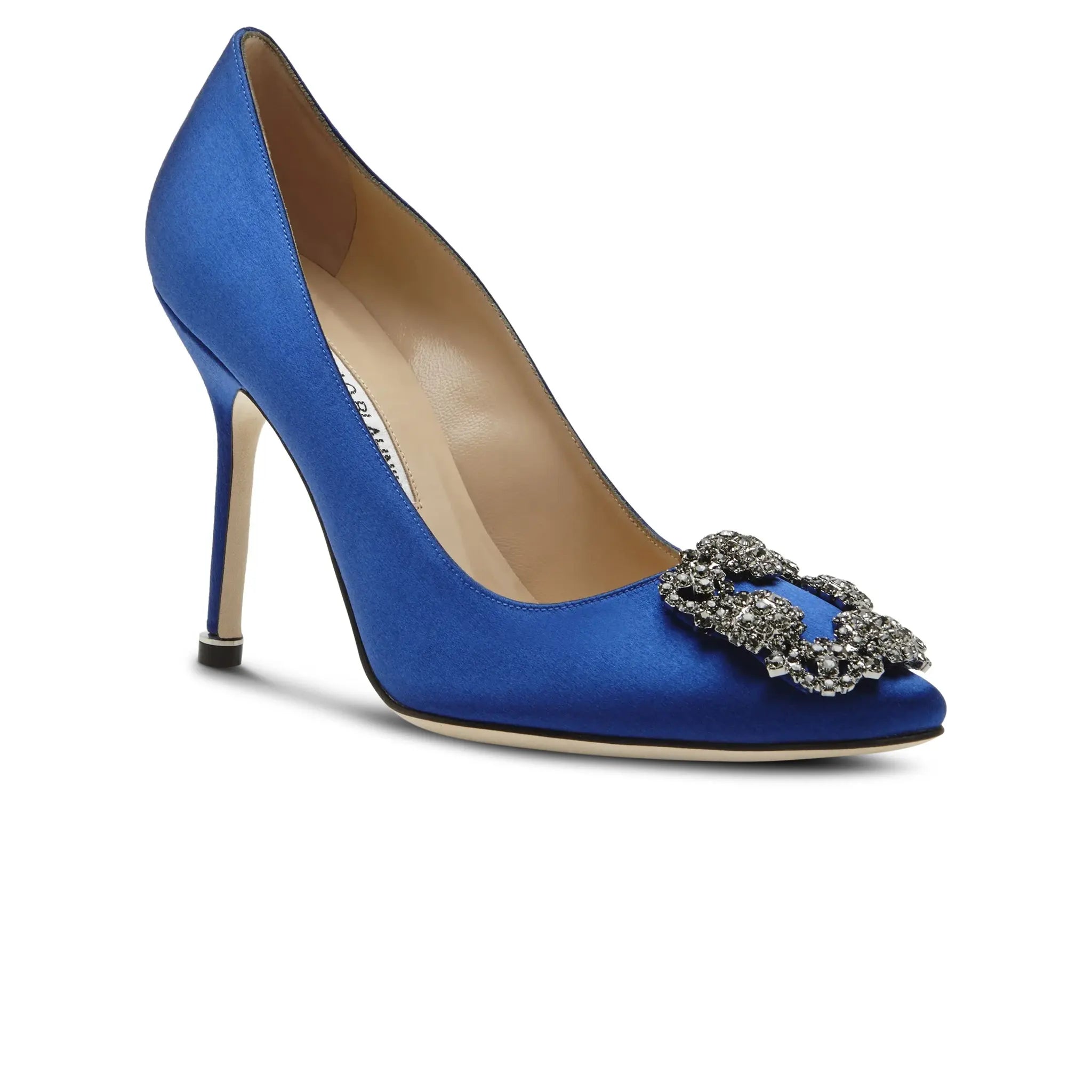 Fronr Side View of Manolo Blahnik Hangisi Blue Satin Jewel Buckle Heels 9XX-0664-0049