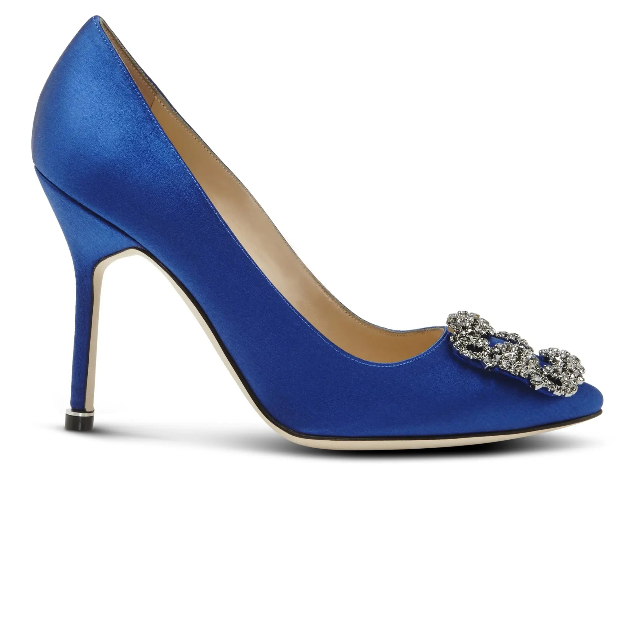 Front View of Manolo Blahnik Hangisi Blue Satin Jewel Buckle Heels 9XX-0664-0049