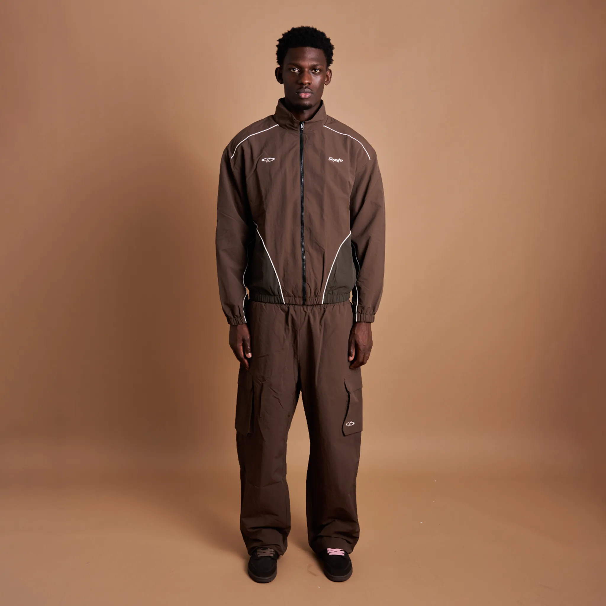 Front View of Suavo London Mocha Shuku Cargo Brown Track Sweatpants