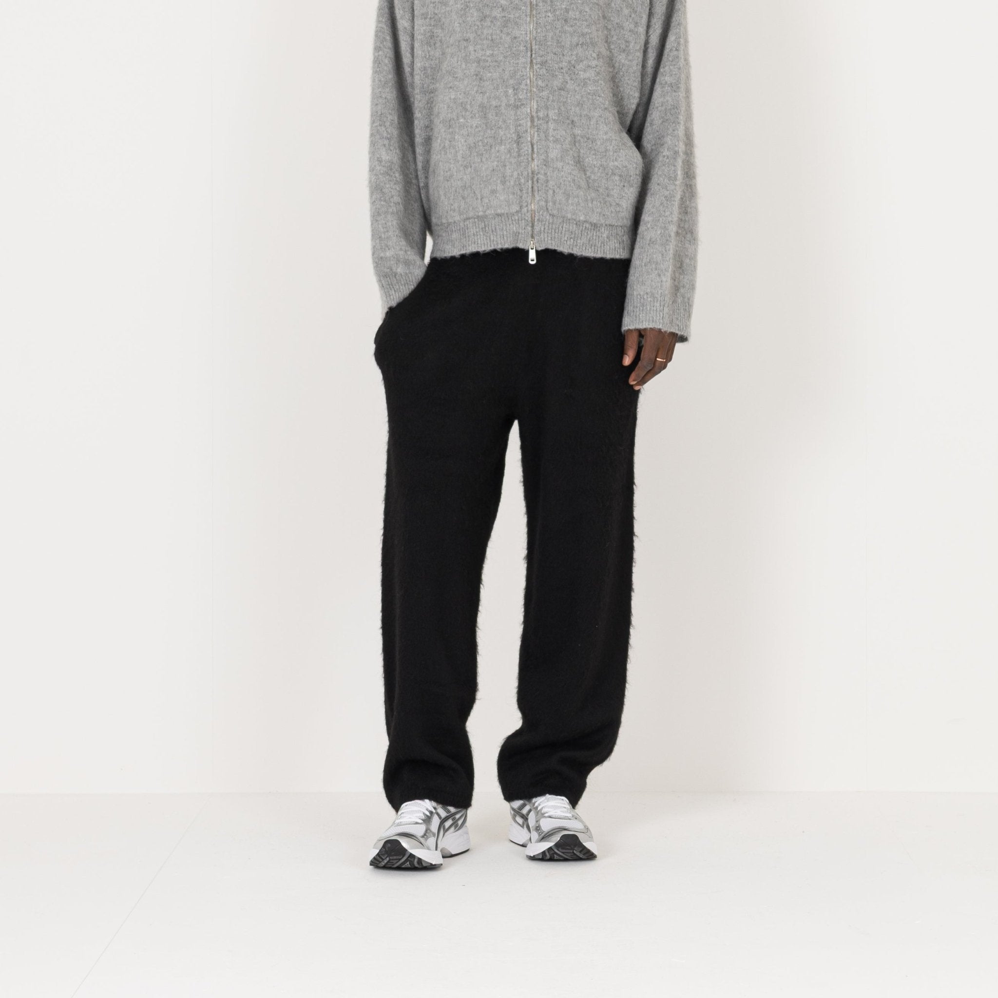 Front view of Destructive Mohair Black Sweatpants