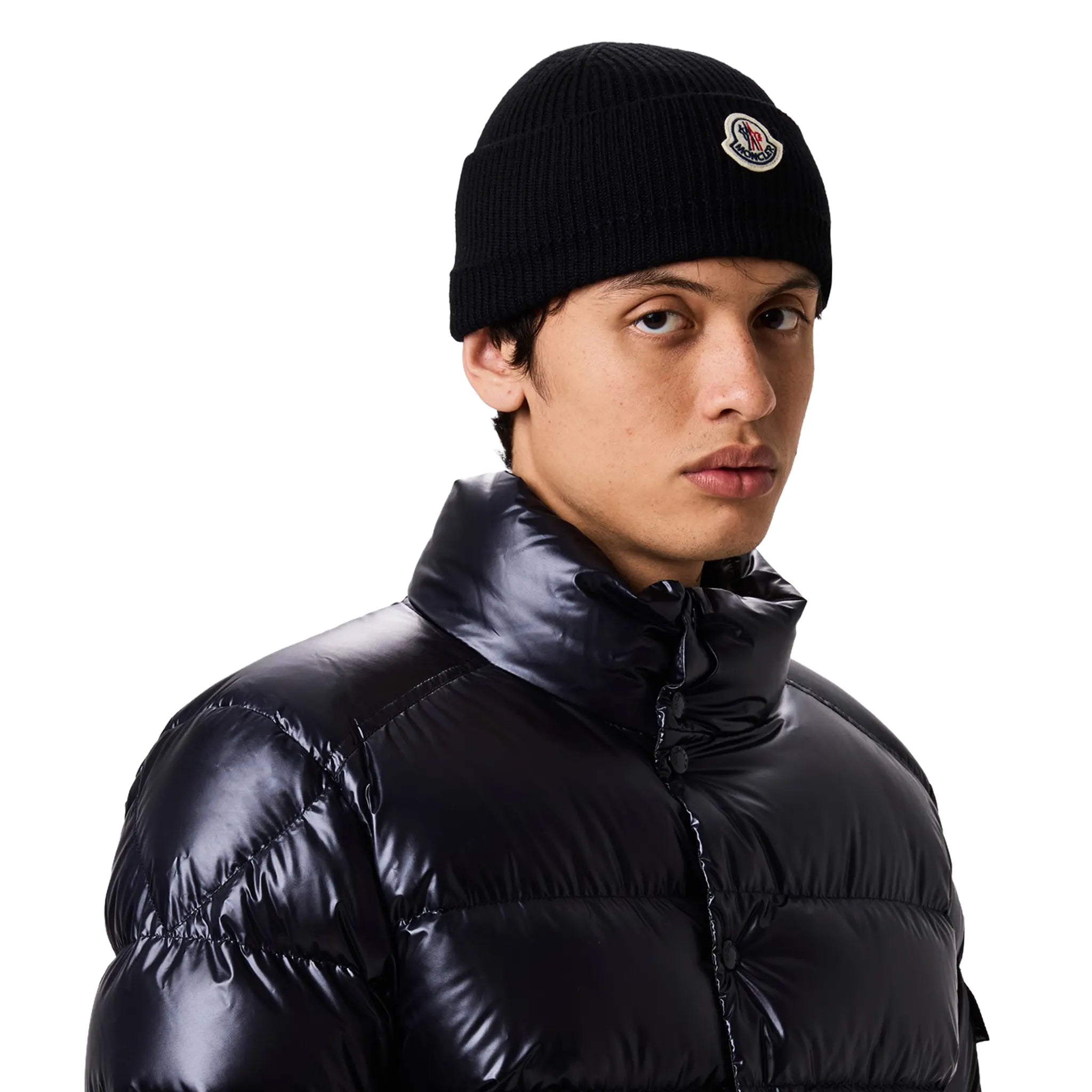 Model View of Moncler Logo Wool Mens Black Beanie K20913B70500A9342