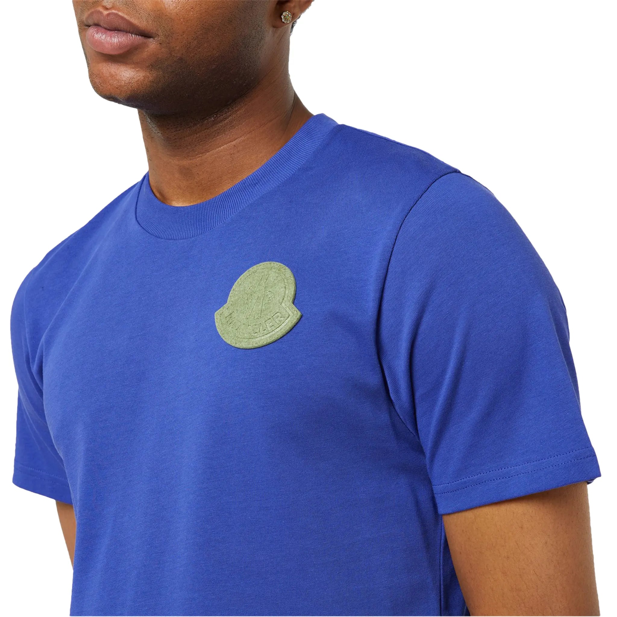 Model chest view of Moncler Patch Logo Blue T Shirt
