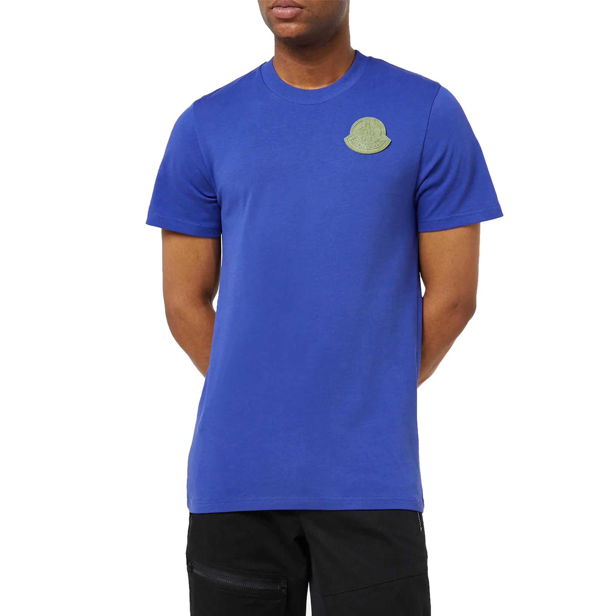 Model front view of Moncler Patch Logo Blue T Shirt