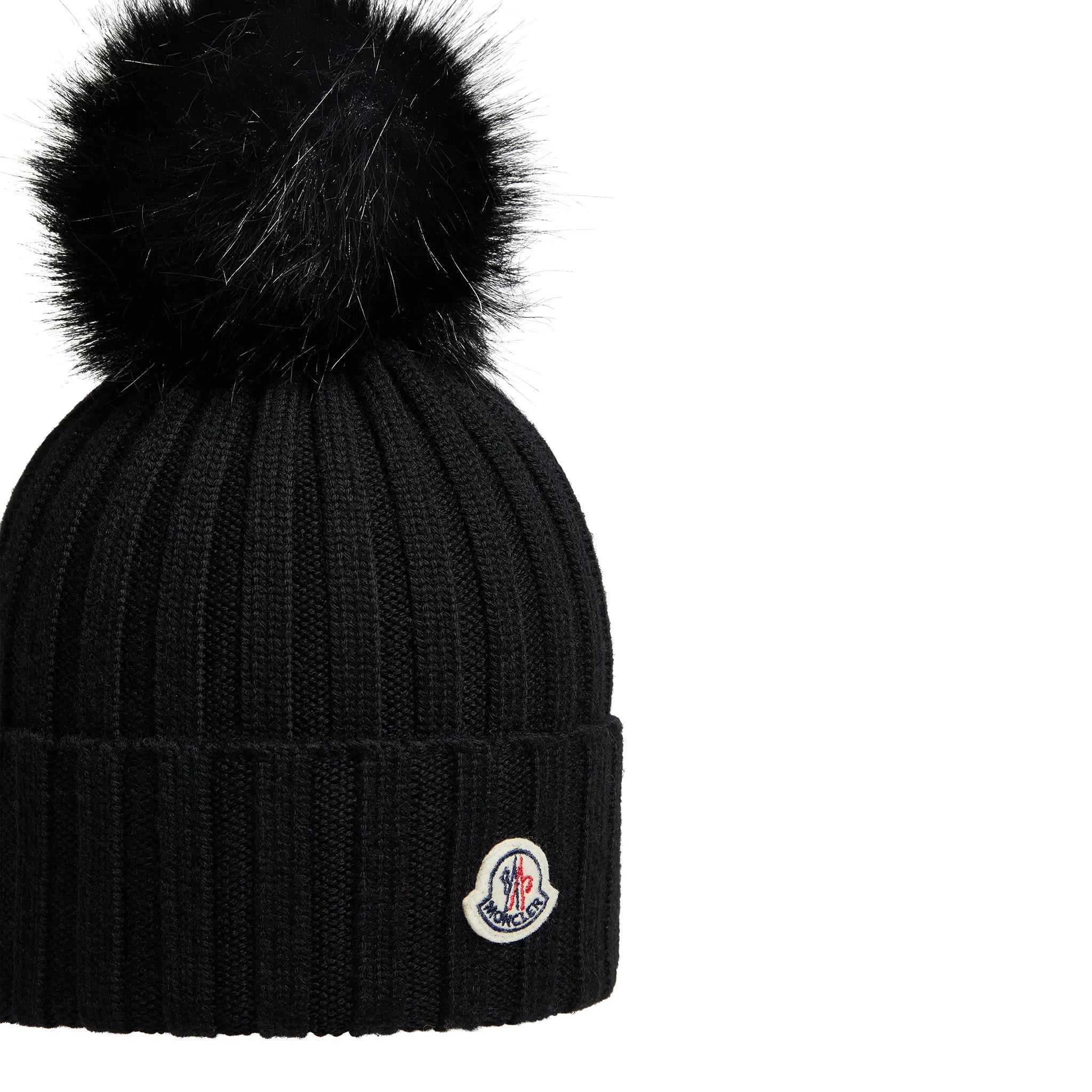 Front Side View of Moncler Wool Pom Pom Black Beanie K20933B00064M1131