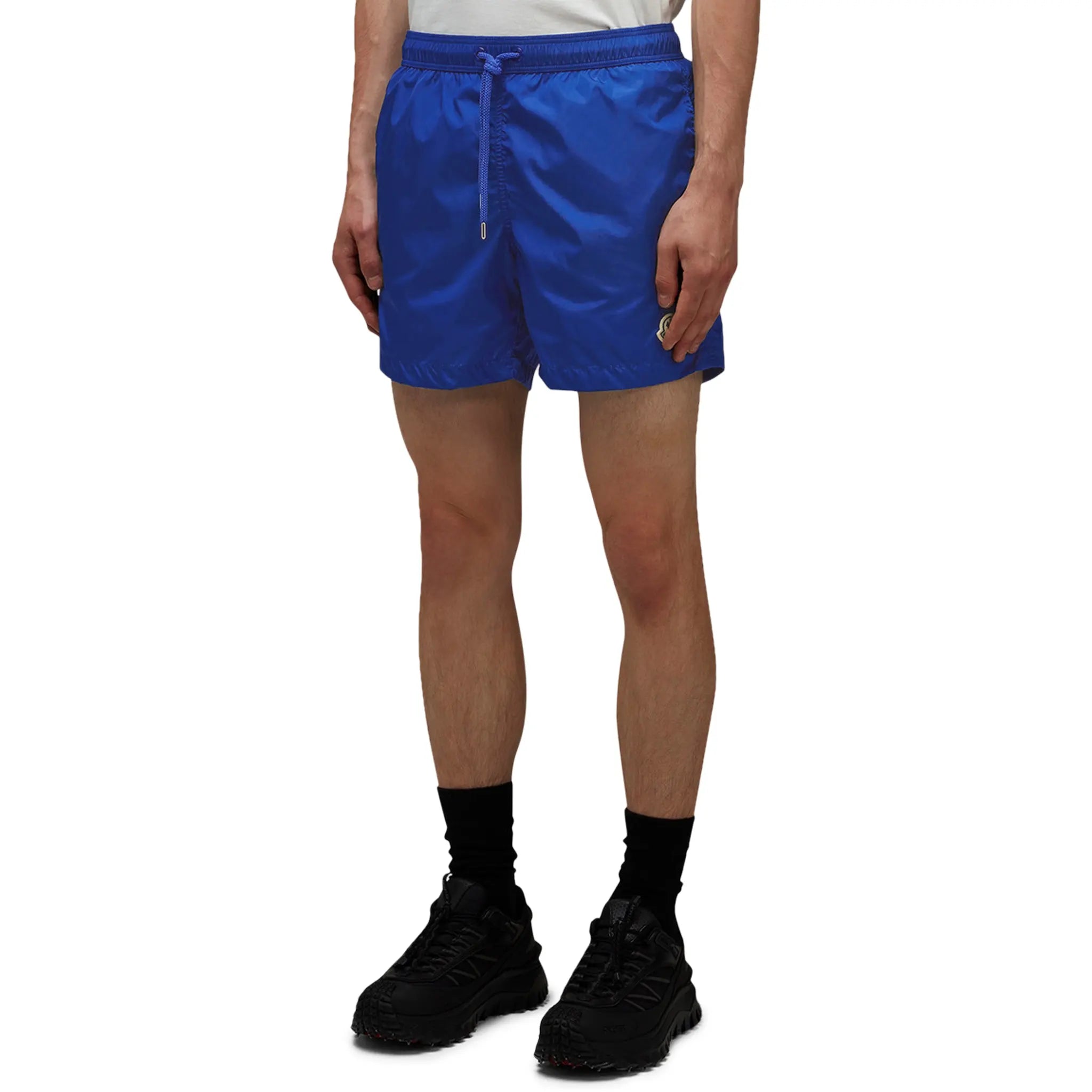Model Side view of Moncler Royal Blue Swim Shorts J10912C0000453326