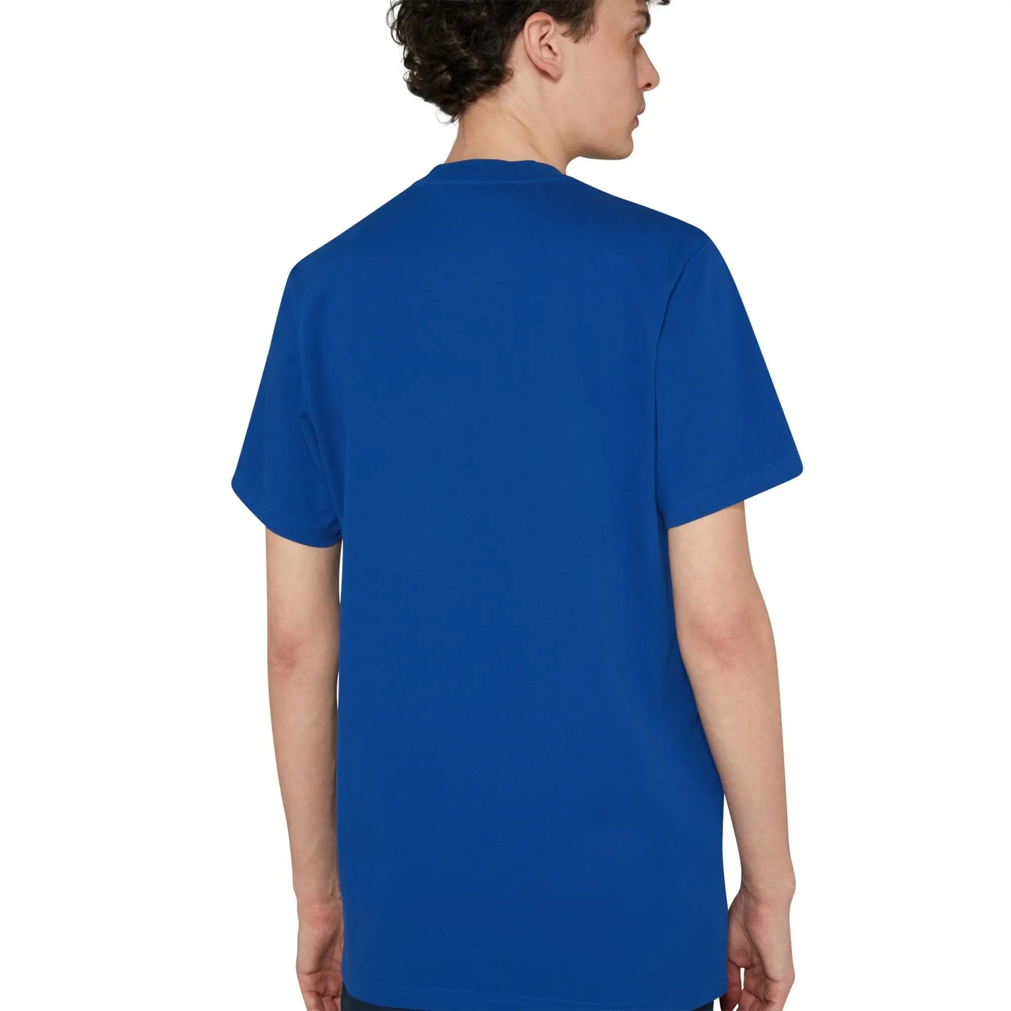 Model Back view of Moncler SN44 Patched Logo Short Sleeve Blue T Shirt MC17TMH6BLUS2AAA00