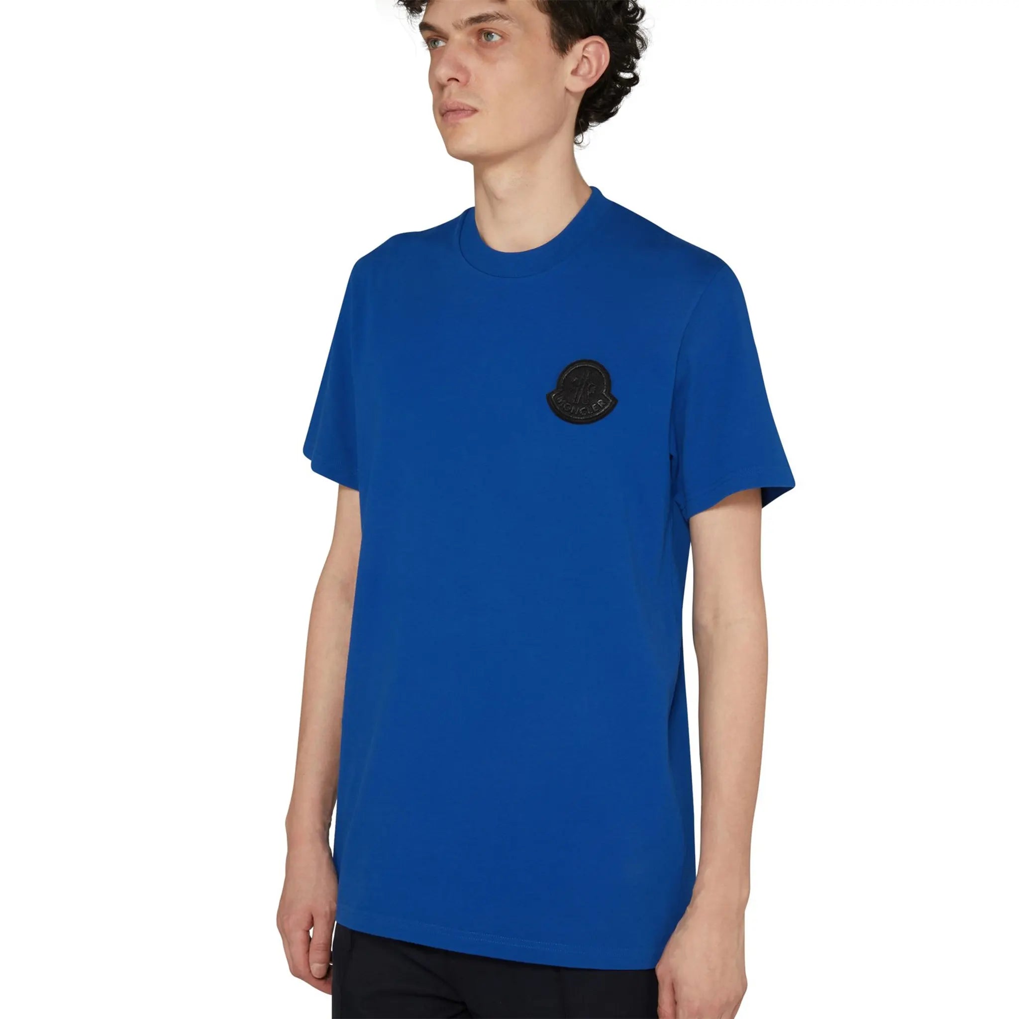 Model Front view of Moncler SN44 Patched Logo Short Sleeve Blue T Shirt MC17TMH6BLUS2AAA00