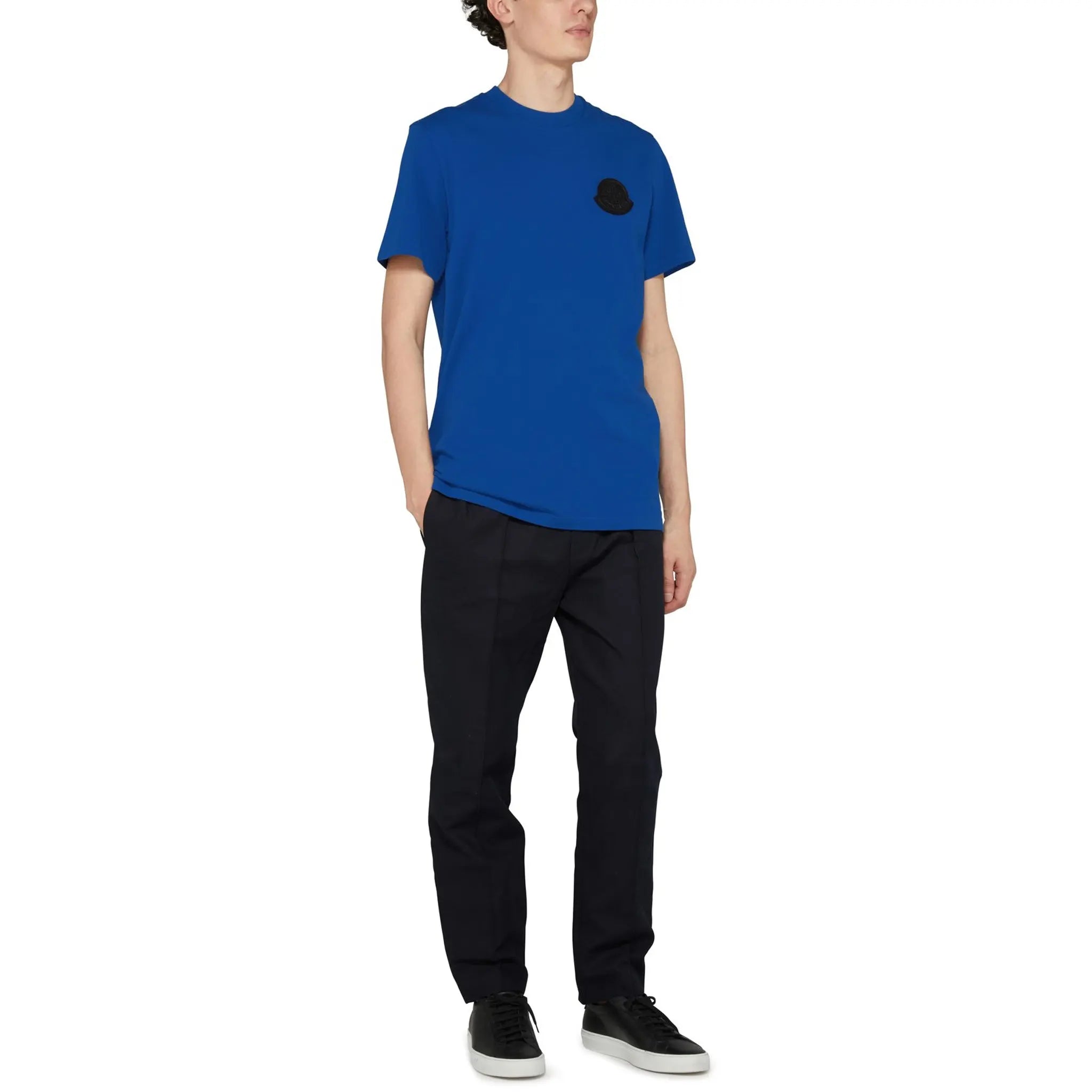 Model Side view of Moncler SN44 Patched Logo Short Sleeve Blue T Shirt MC17TMH6BLUS2AAA00