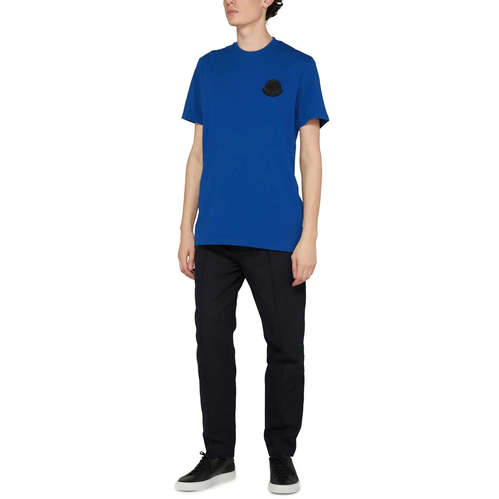 Model view of Moncler SN44 Patched Logo Short Sleeve Blue T Shirt MC17TMH6BLUS2AAA00
