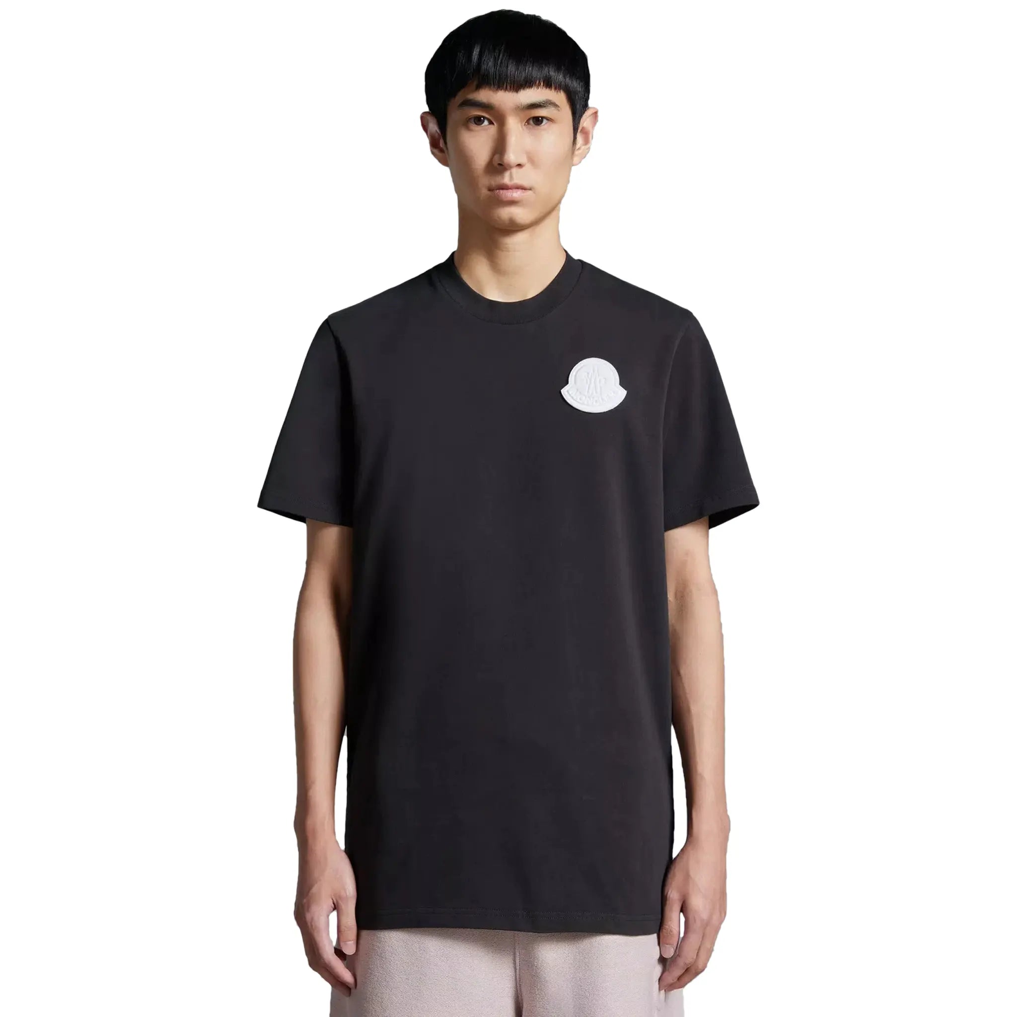 Model Front view of Moncler SN44 Patched Logo Short Sleeve Charcoal T Shirt J10918C0004583927998
