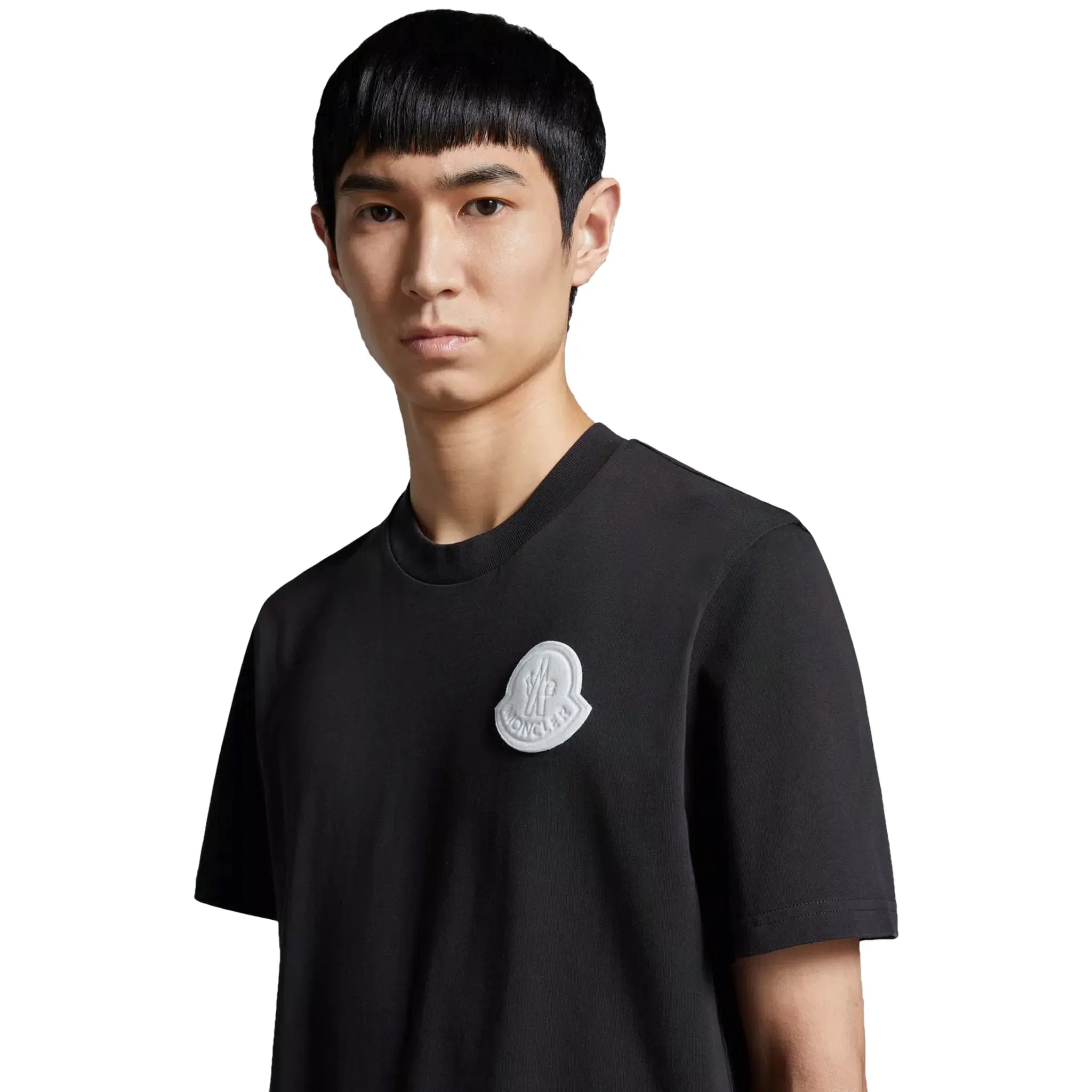 Model Front view of Moncler SN44 Patched Logo Short Sleeve Charcoal T Shirt J10918C0004583927998