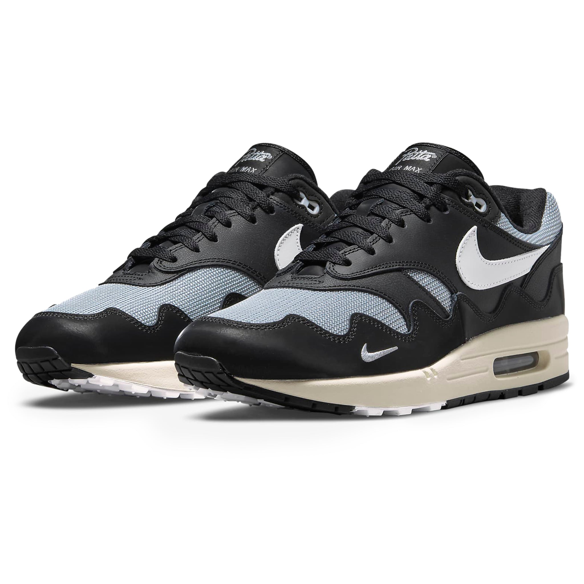 Front side view of Nike Air Max 1 Patta Waves Black (With Bracelet) DQ0299-001
