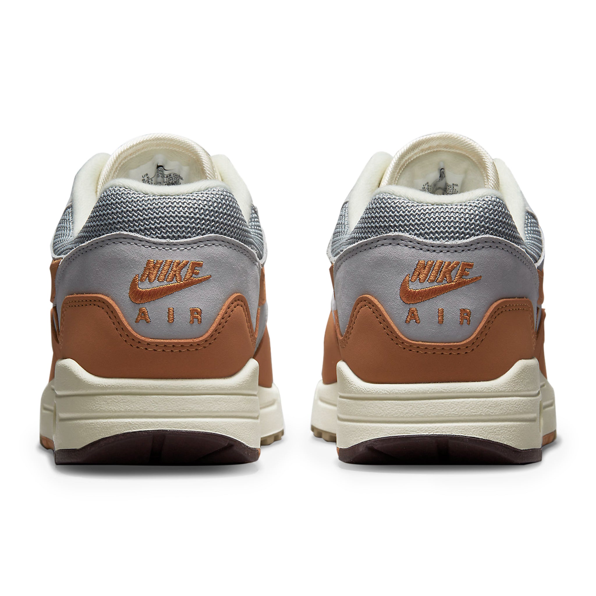 Heel view of Nike Air Max 1 Patta Waves Monarch (With Bracelet) DH1348-001