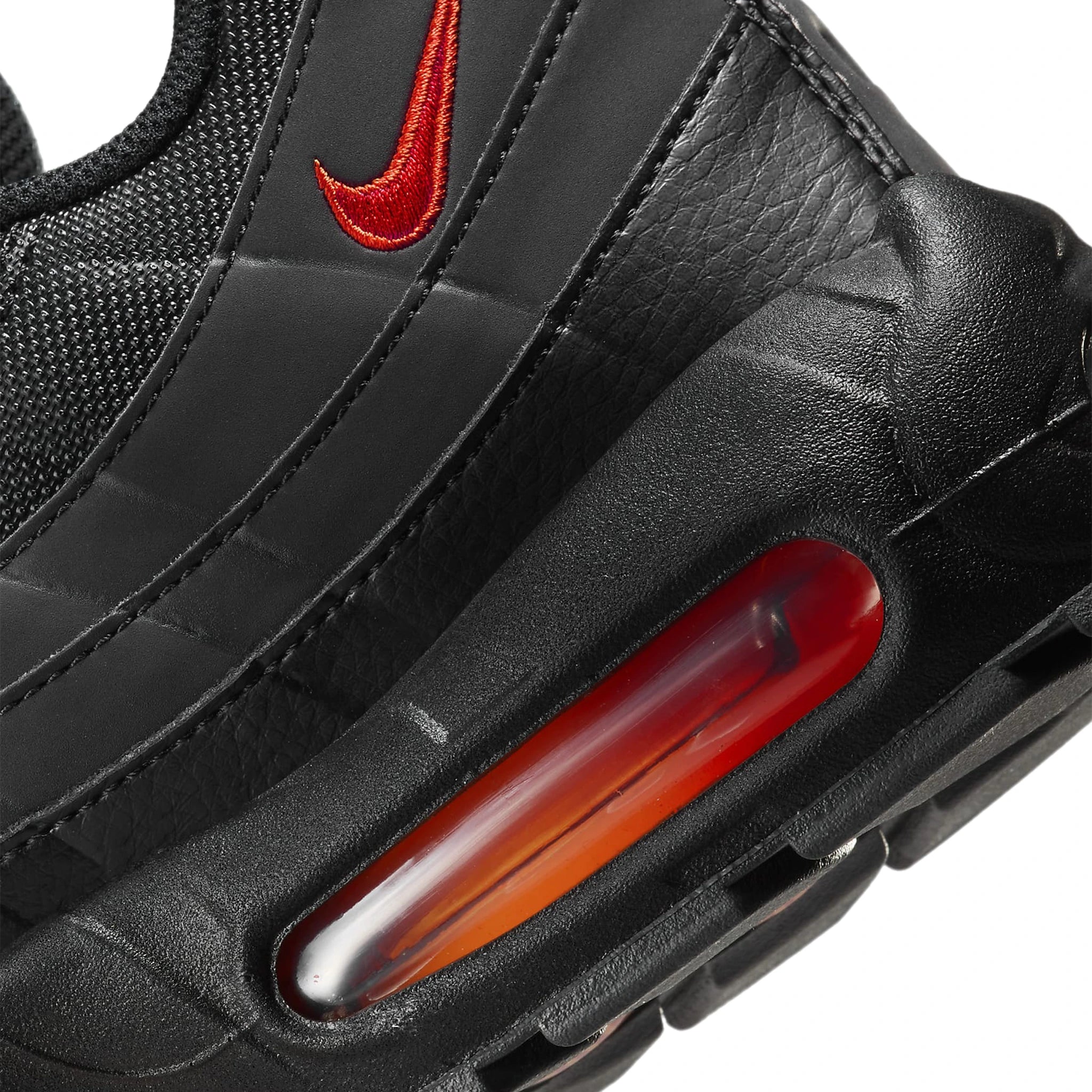 Heel view of Nike Air Max 95 Black Red Orange FZ4626-002