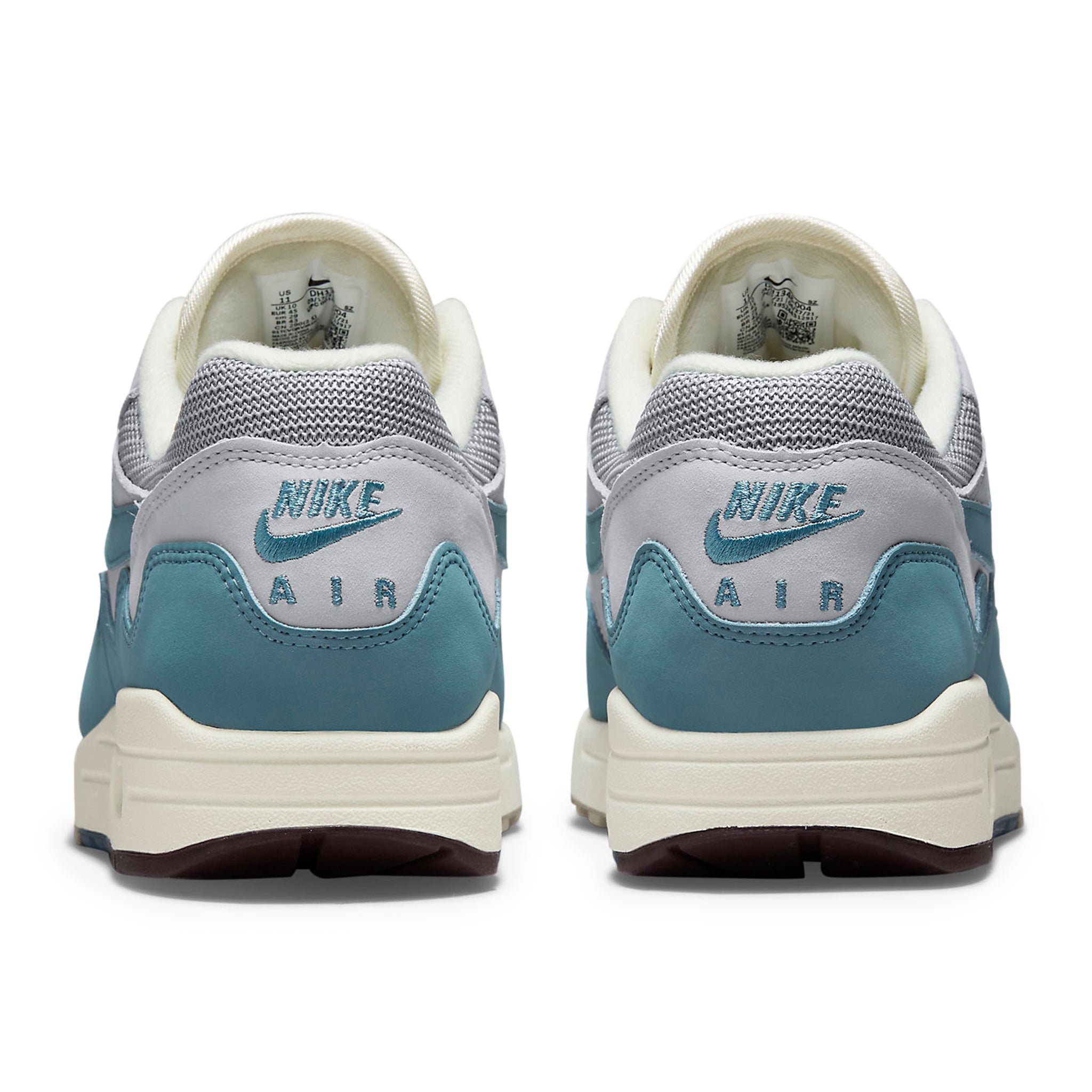 Heel view of Nike Air Max 1 Patta Waves Noise Aqua (With Bracelet) DH1348-004