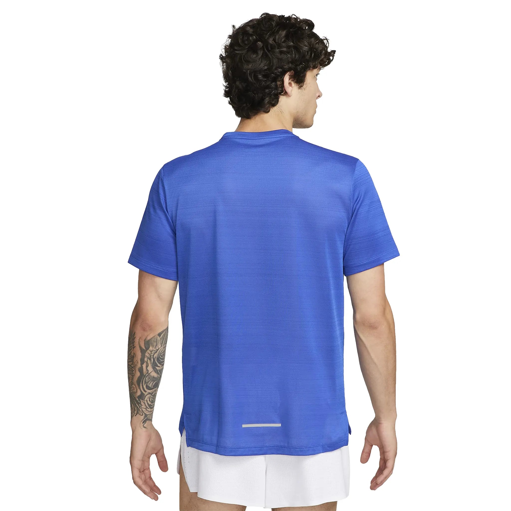Model back view of Nike Dri-FIT 1.0 Blue Miler Running T Shirt AJ7565-480