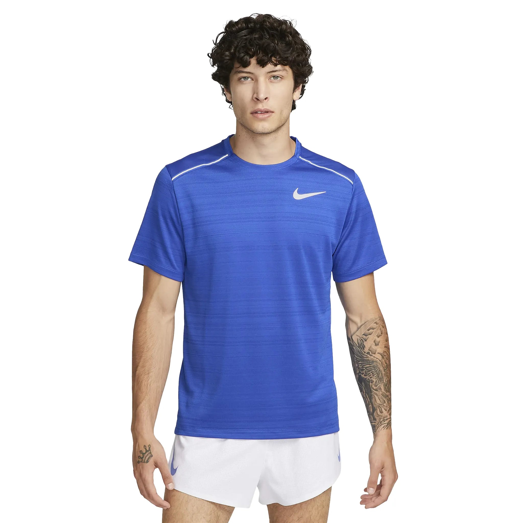 Model front view of Nike Dri-FIT 1.0 Blue Miler Running T Shirt AJ7565-480