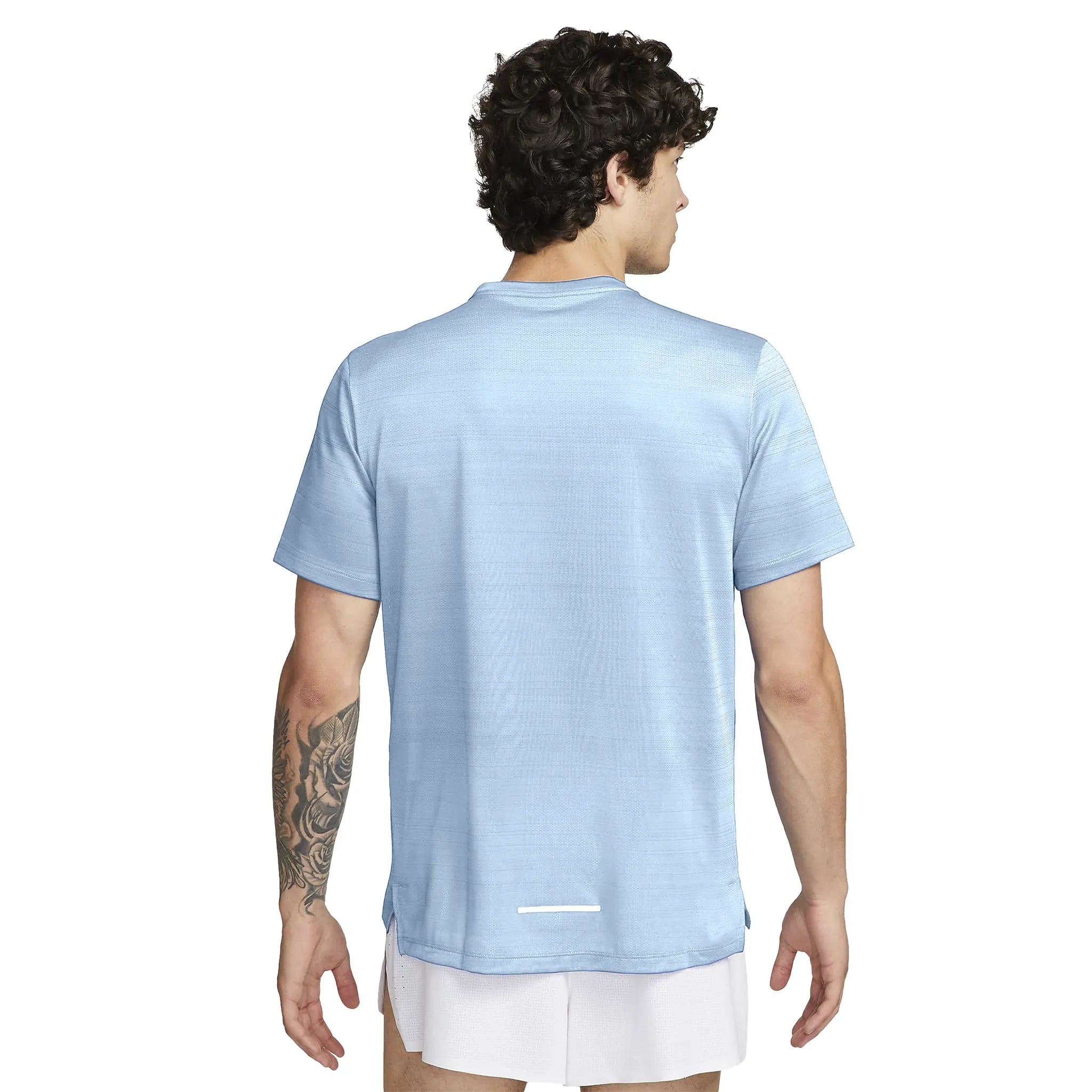 Model back view of Nike Dri-FIT 1.0 Cobalt Bliss Blue Miler Running T Shirt AJ7566-479
