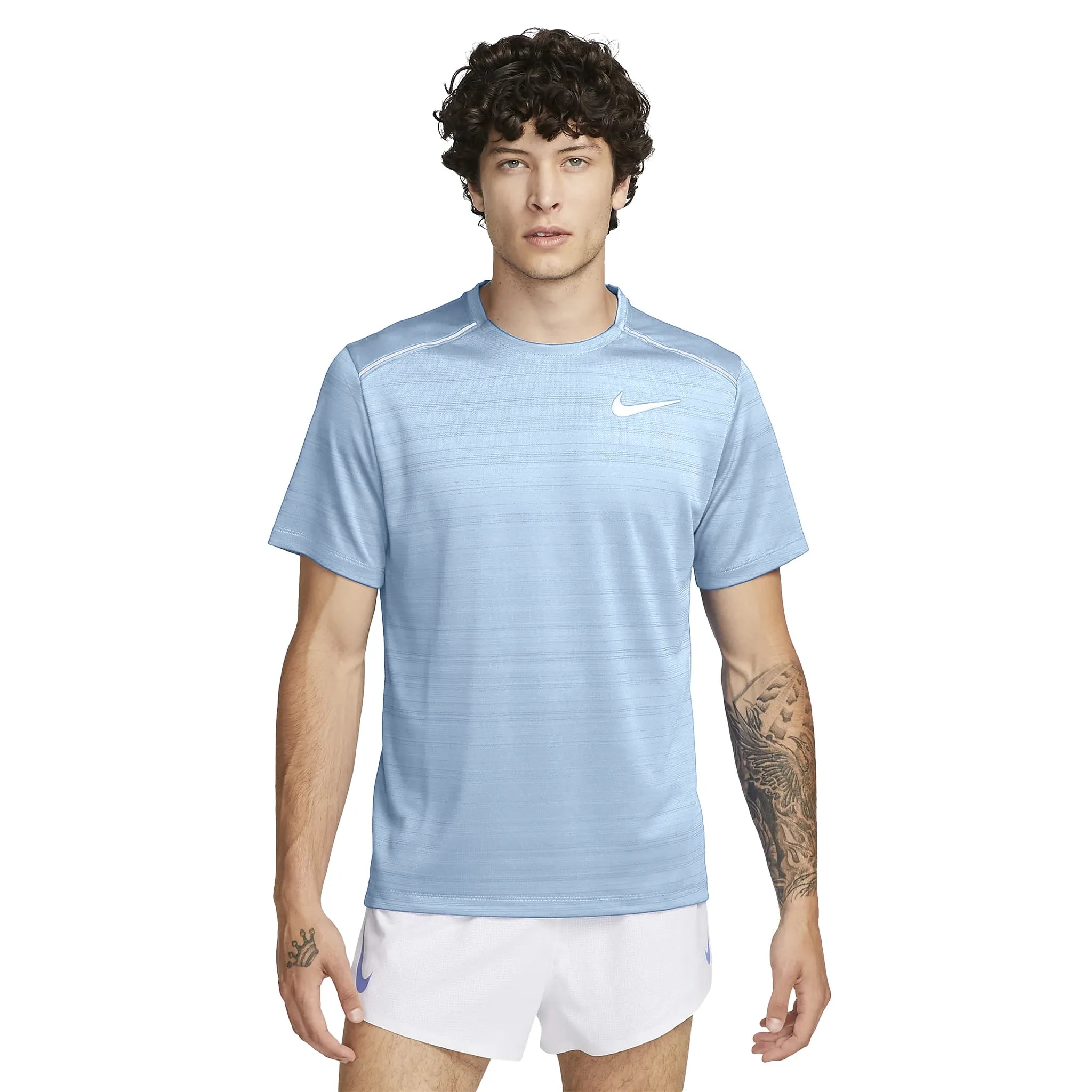 Model front view of Nike Dri-FIT 1.0 Cobalt Bliss Blue Miler Running T Shirt AJ7566-479