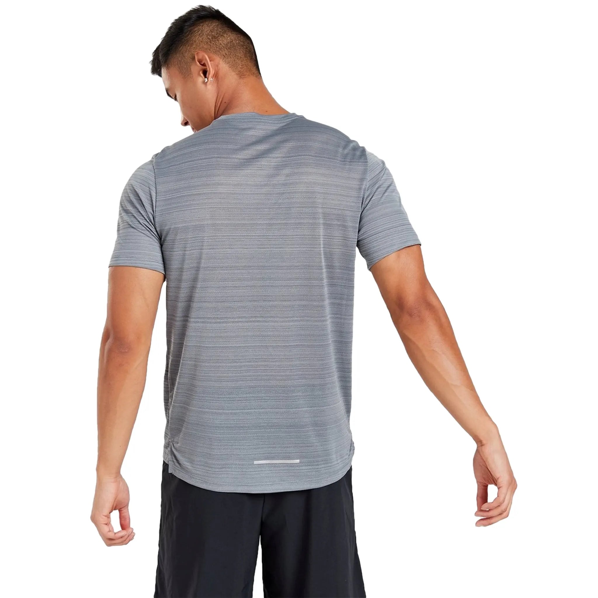 Model back view of Nike Dri-FIT 1.0 Grey Miler Running T Shirt AJ7565-085