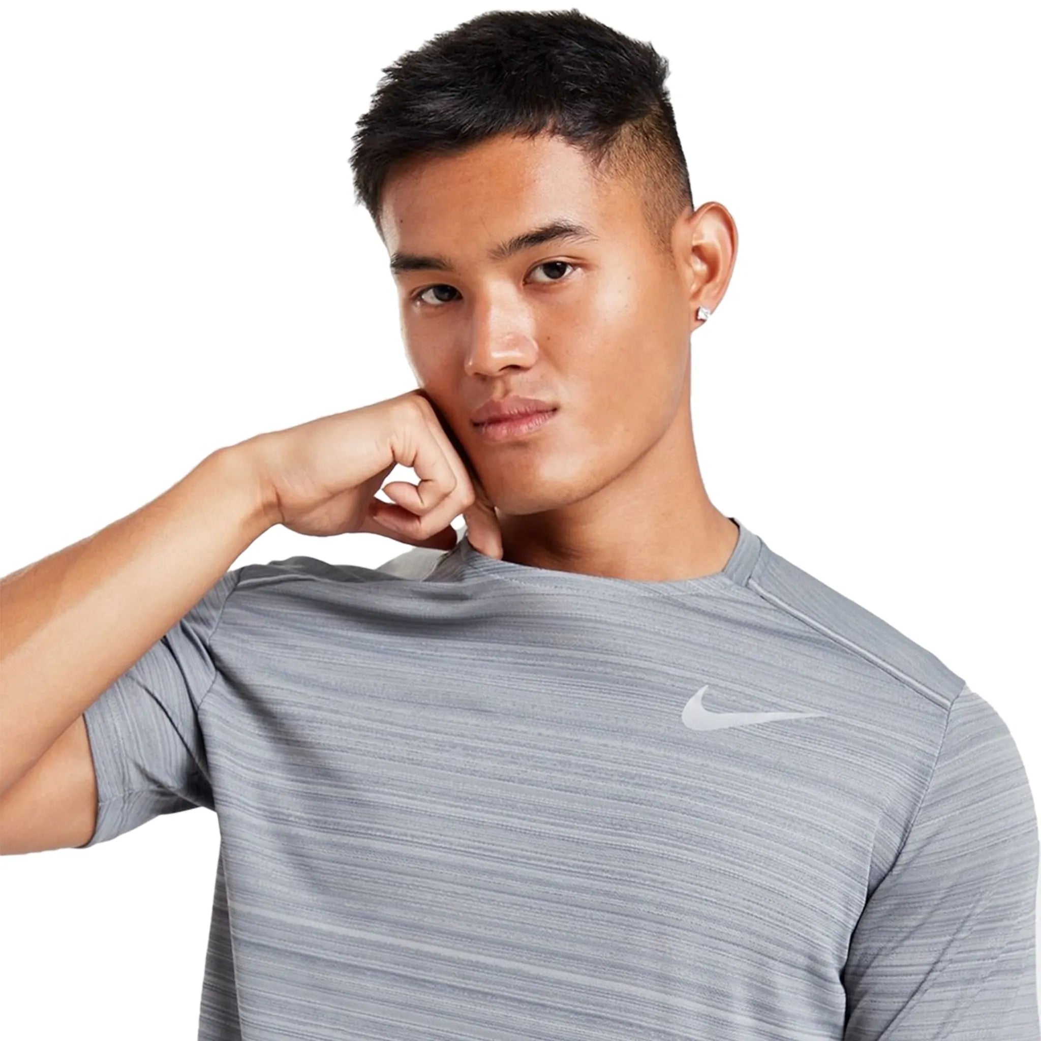 Model chest view of Nike Dri-FIT 1.0 Grey Miler Running T Shirt AJ7565-085