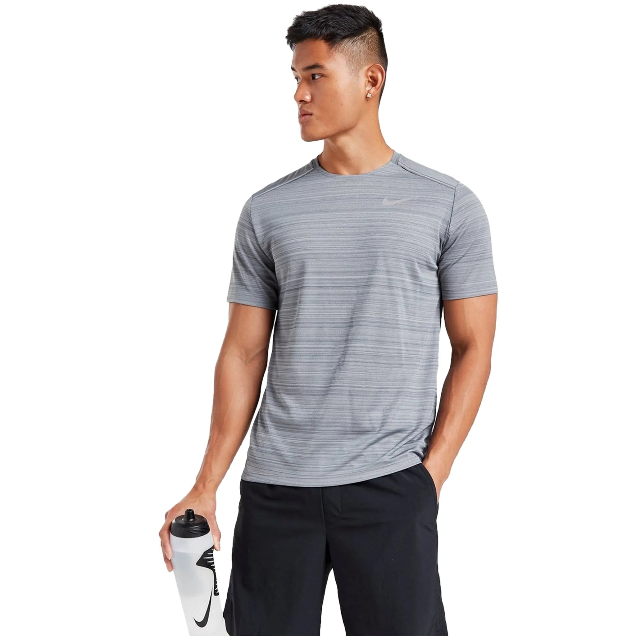 Model fromt view of Nike Dri-FIT 1.0 Grey Miler Running T Shirt AJ7565-085