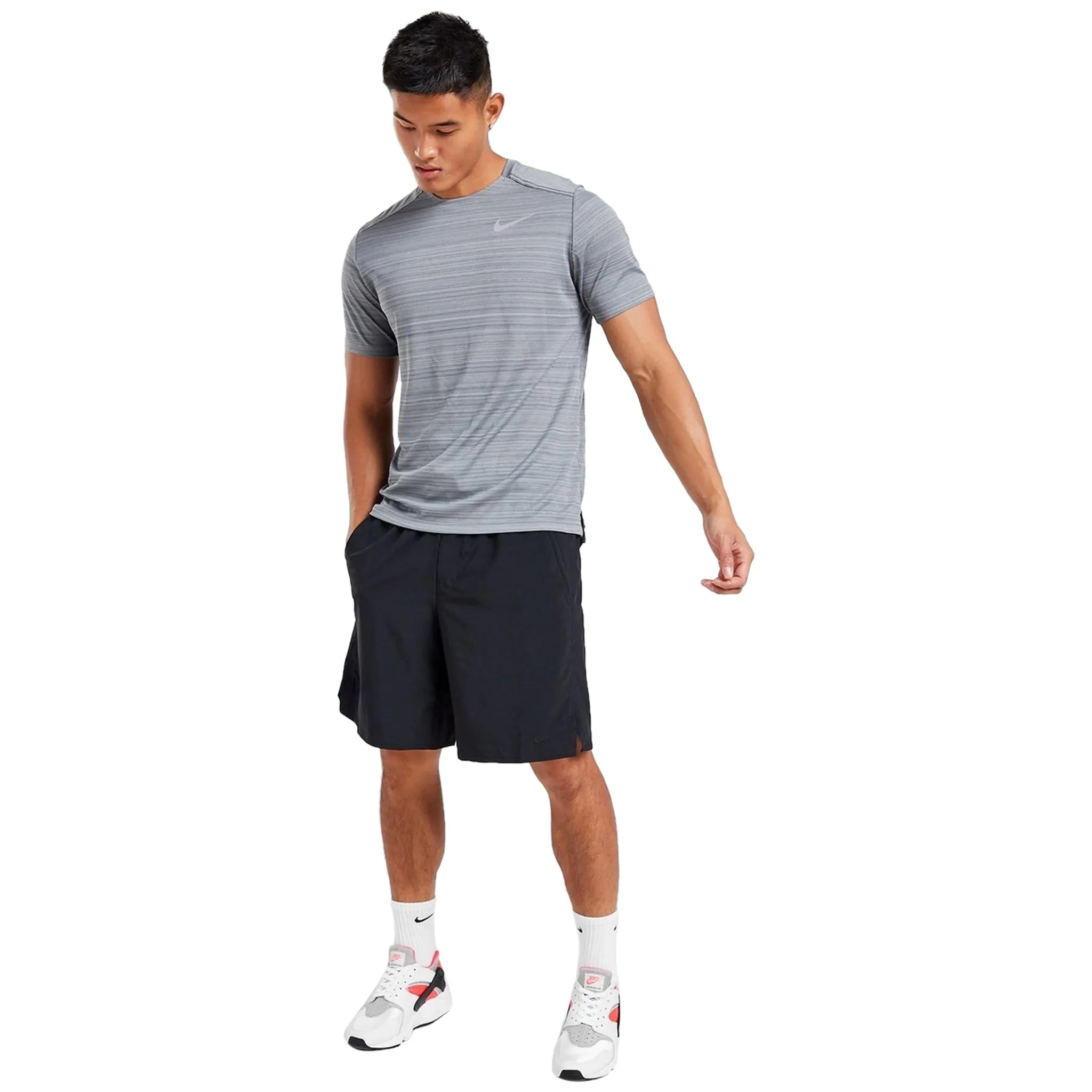 Model view of Nike Dri-FIT 1.0 Grey Miler Running T Shirt AJ7565-085