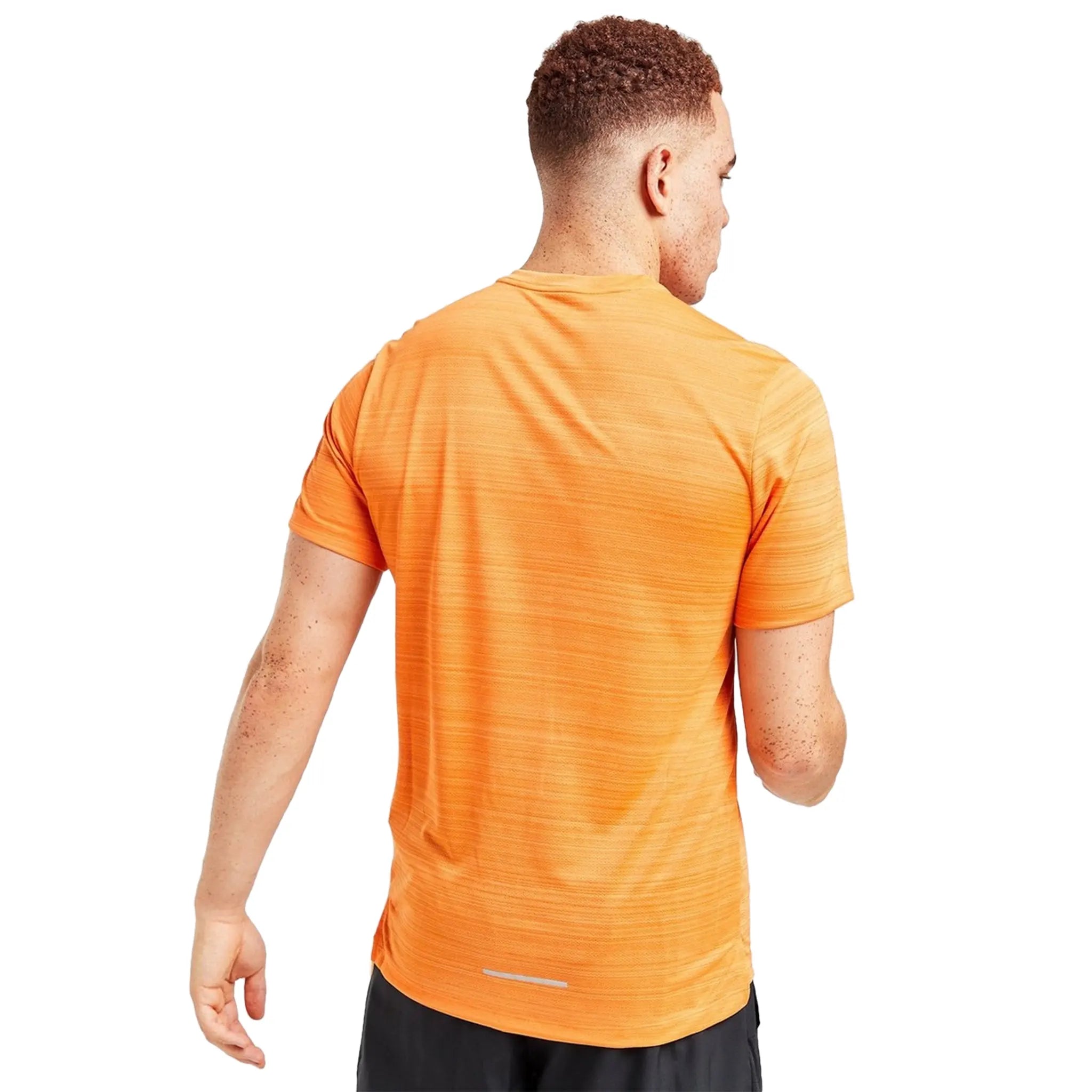 Model back view of Nike Dri-FIT 1.0 Orange Miler Running T Shirt AJ7565-871