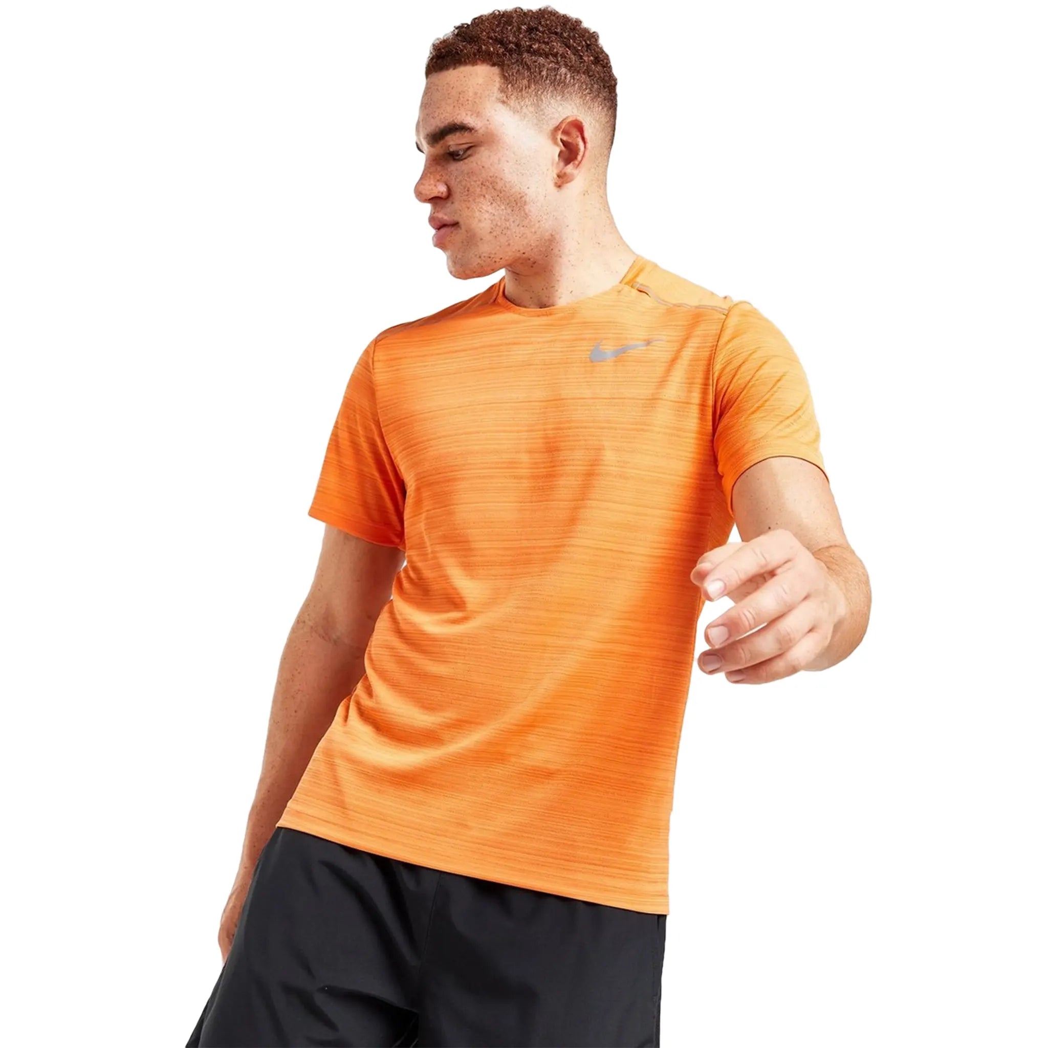 Model front view of Nike Dri-FIT 1.0 Orange Miler Running T Shirt AJ7565-871